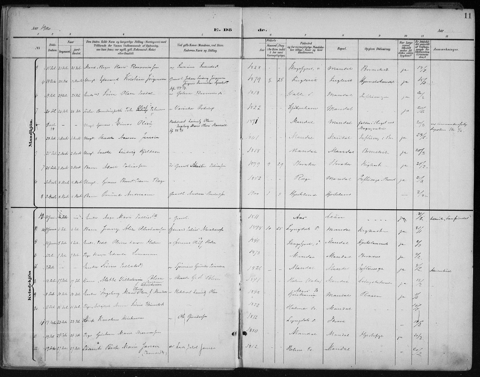 Mandal sokneprestkontor, AV/SAK-1111-0030/F/Fa/Faa/L0021: Parish register (official) no. A 21, 1898-1913, p. 11