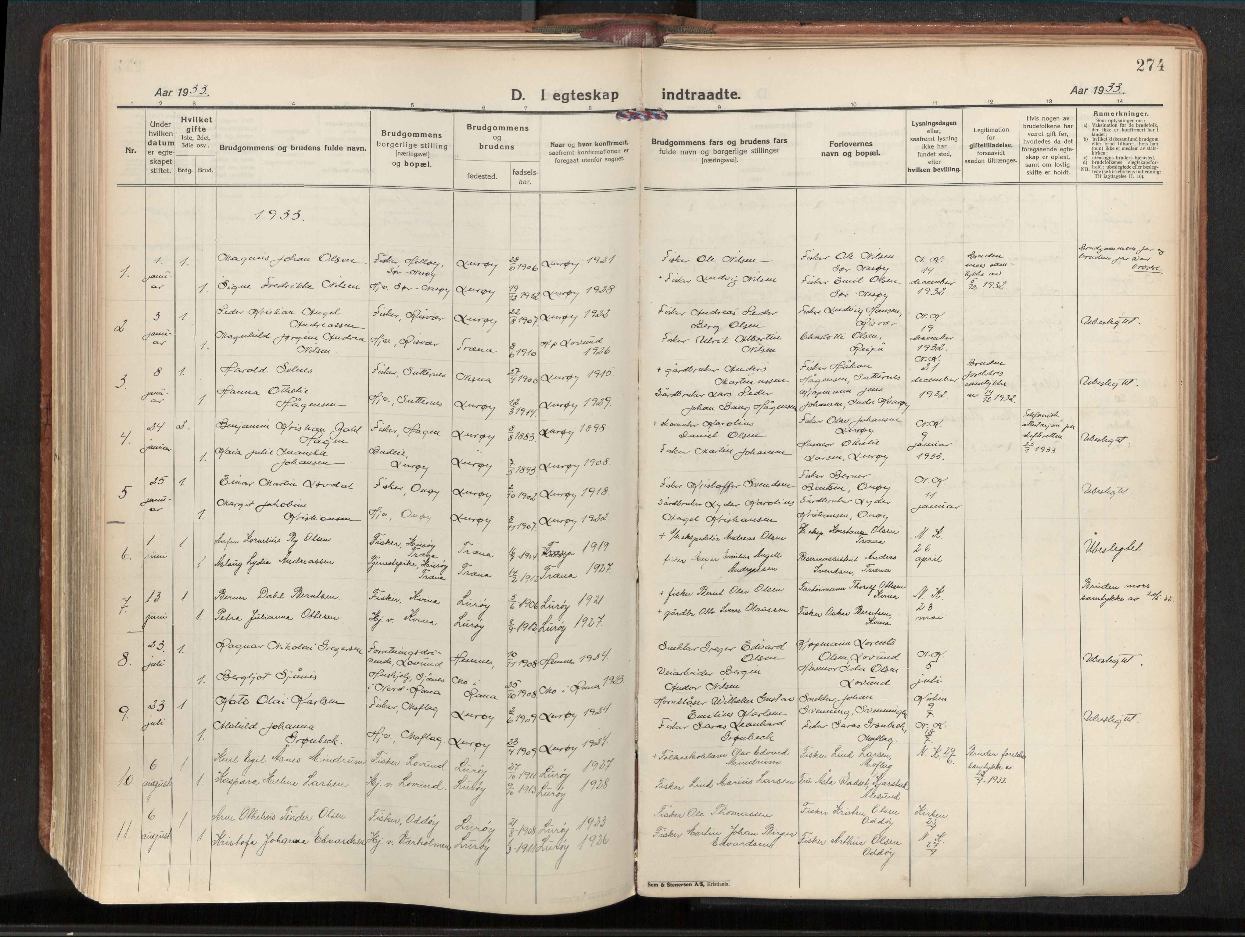 Ministerialprotokoller, klokkerbøker og fødselsregistre - Nordland, SAT/A-1459/839/L0570: Parish register (official) no. 839A07, 1923-1942, p. 274