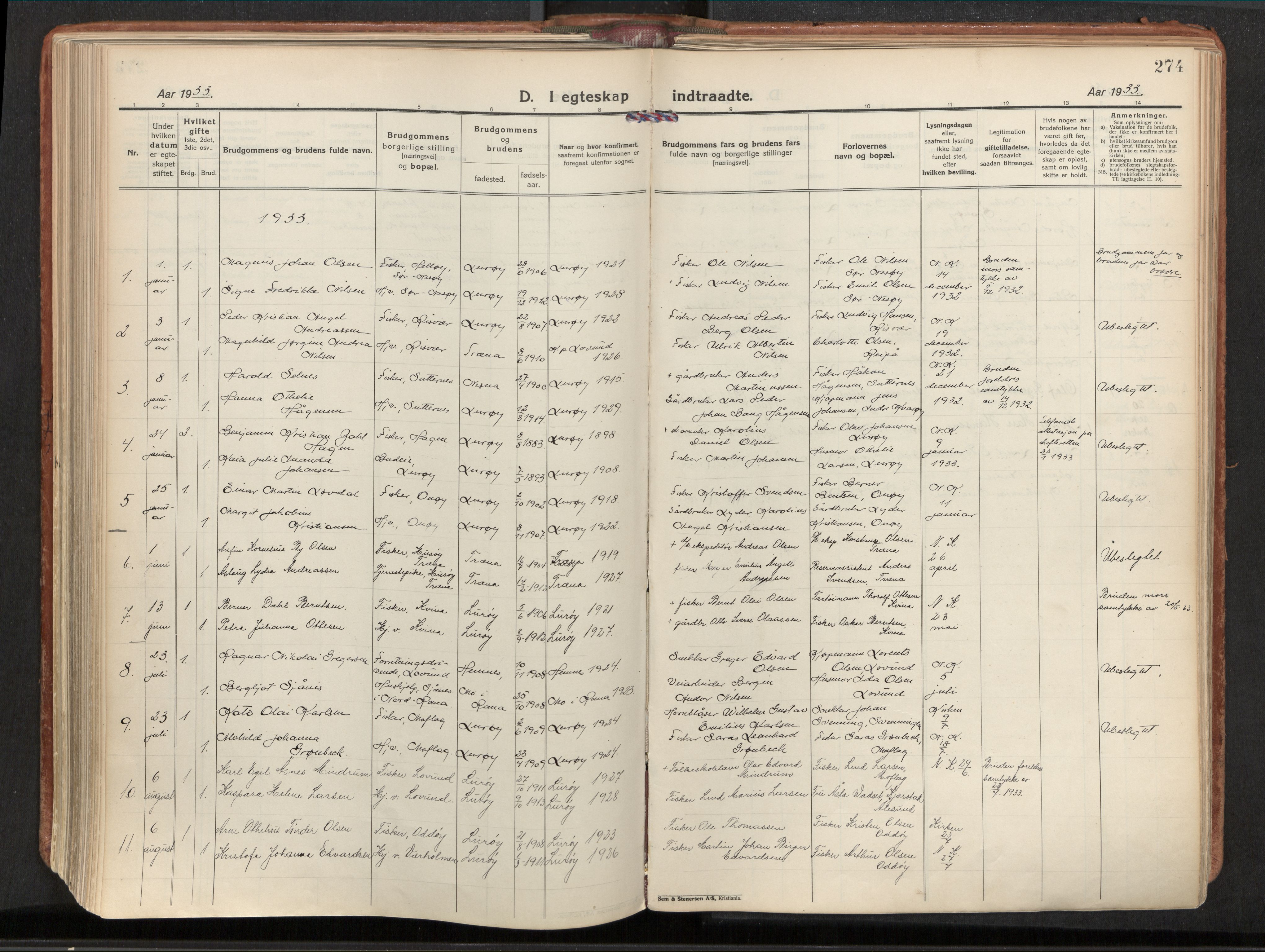 Ministerialprotokoller, klokkerbøker og fødselsregistre - Nordland, AV/SAT-A-1459/839/L0570: Parish register (official) no. 839A07, 1923-1942, p. 274