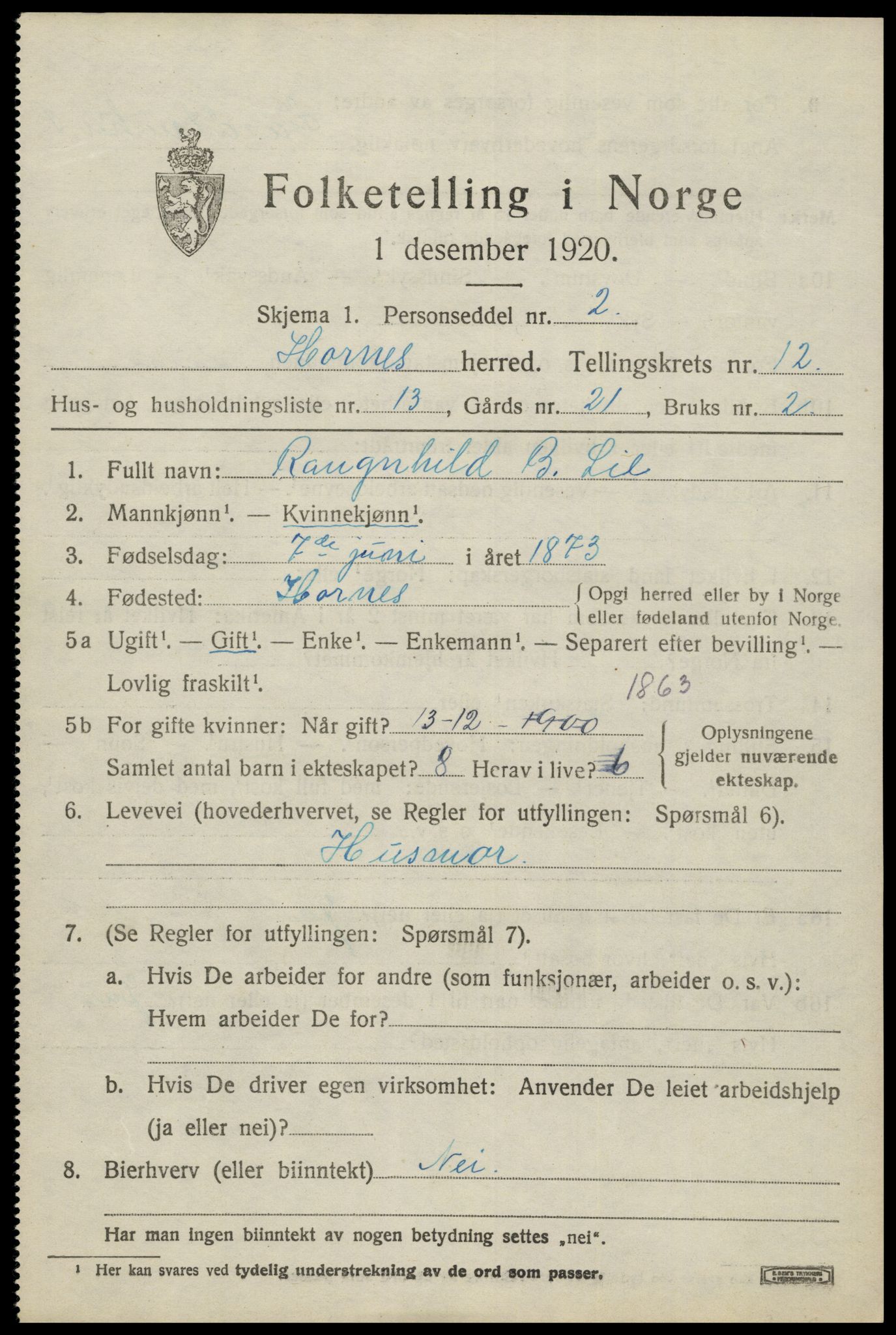 SAK, 1920 census for Hornnes, 1920, p. 3029