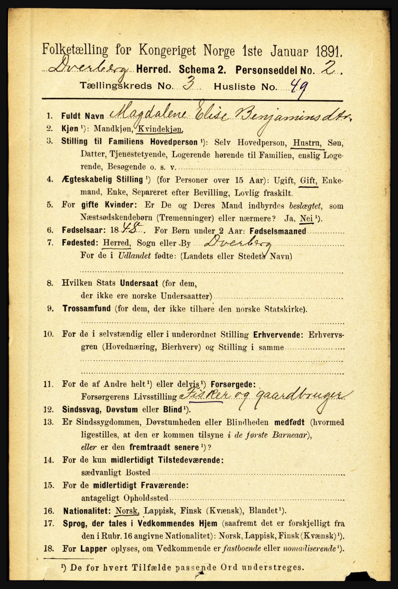 RA, 1891 census for 1872 Dverberg, 1891, p. 1234