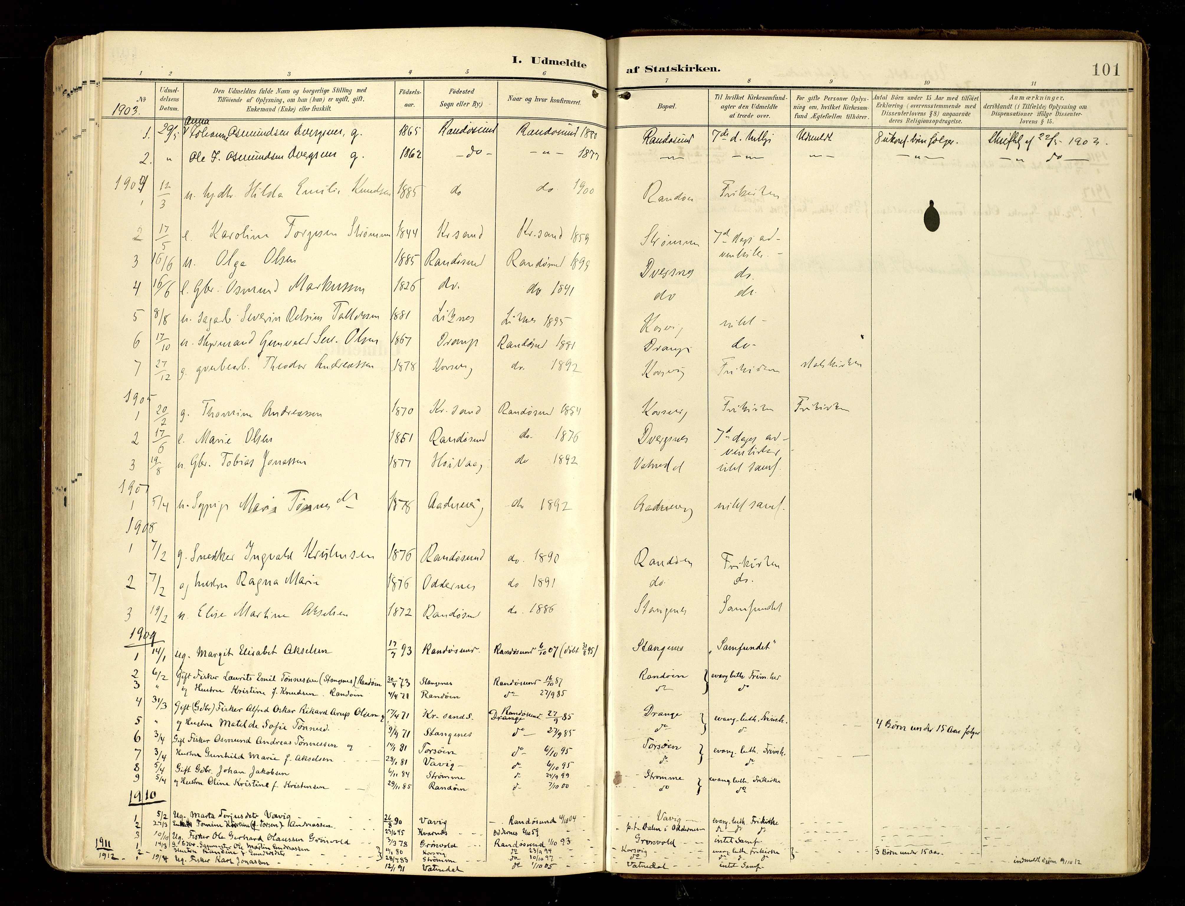 Oddernes sokneprestkontor, SAK/1111-0033/F/Fa/Fab/L0003: Parish register (official) no. A 3, 1903-1916, p. 101