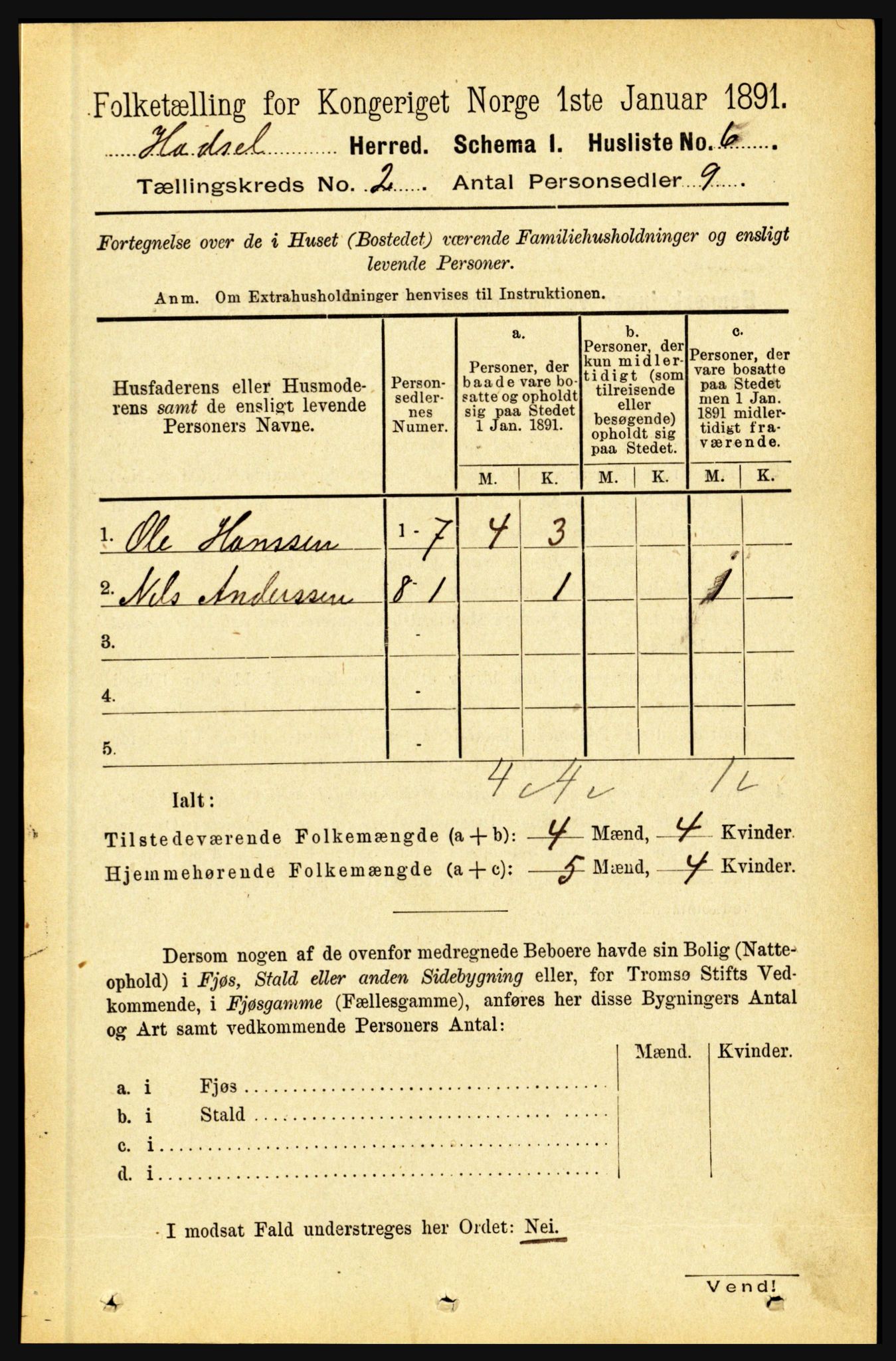 RA, 1891 census for 1866 Hadsel, 1891, p. 600