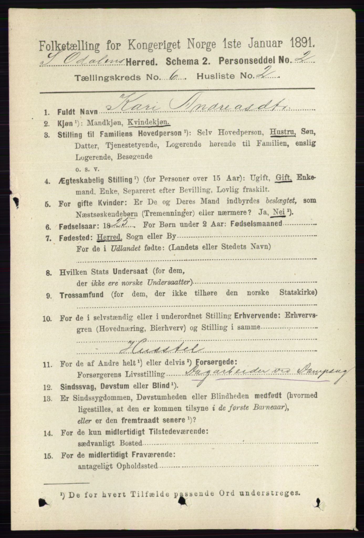 RA, 1891 census for 0419 Sør-Odal, 1891, p. 2806