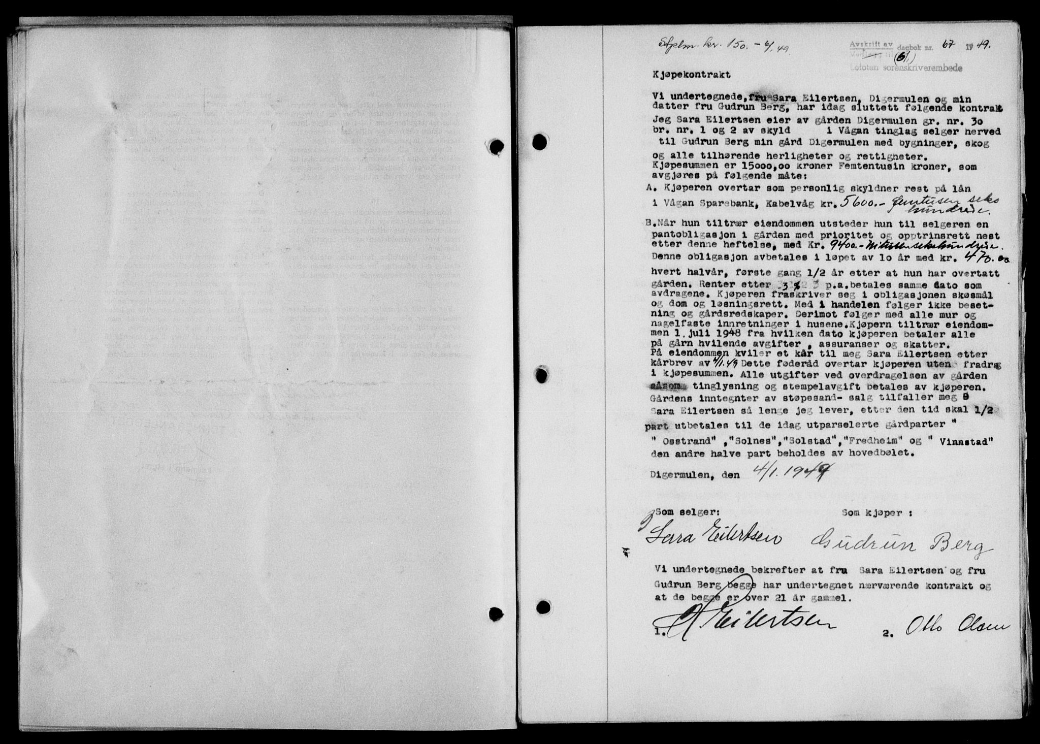 Lofoten sorenskriveri, SAT/A-0017/1/2/2C/L0020a: Mortgage book no. 20a, 1948-1949, Diary no: : 67/1949