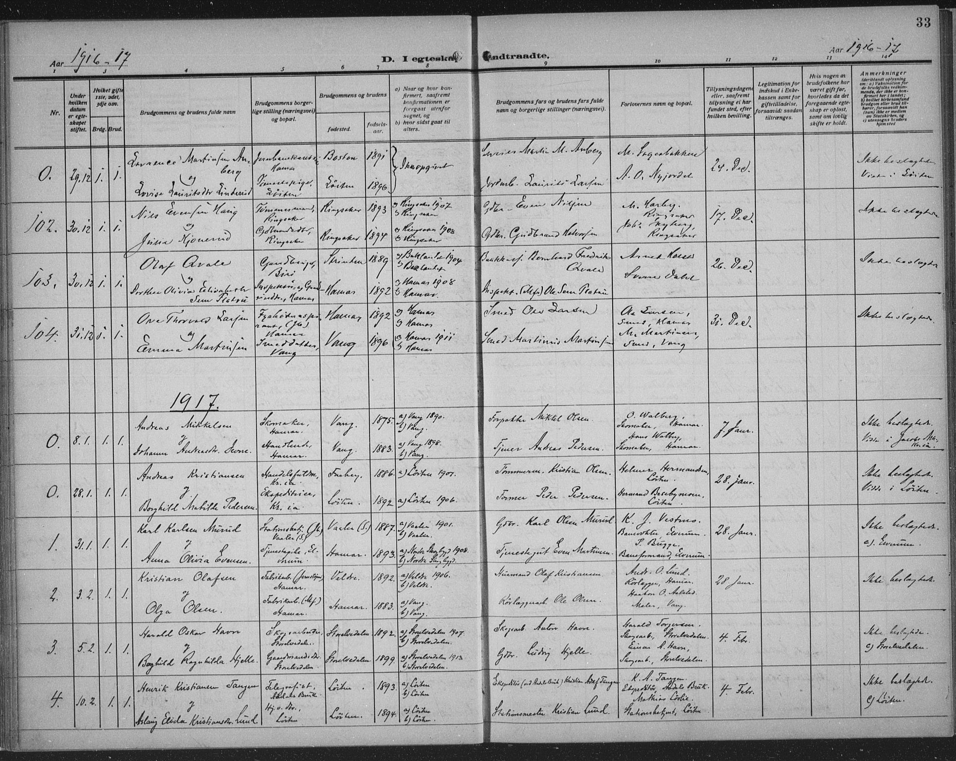 Hamar prestekontor, SAH/DOMPH-002/H/Ha/Haa/L0003: Parish register (official) no. 3, 1913-1930, p. 33