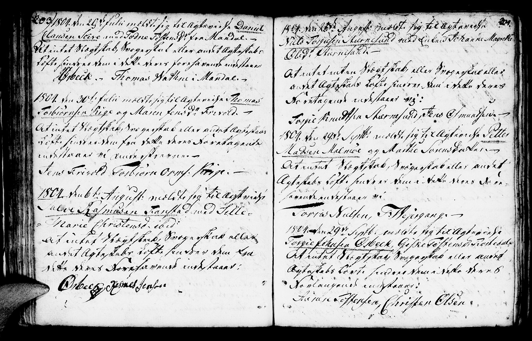 Mandal sokneprestkontor, SAK/1111-0030/F/Fa/Faa/L0007: Parish register (official) no. A 7, 1783-1818, p. 203-204