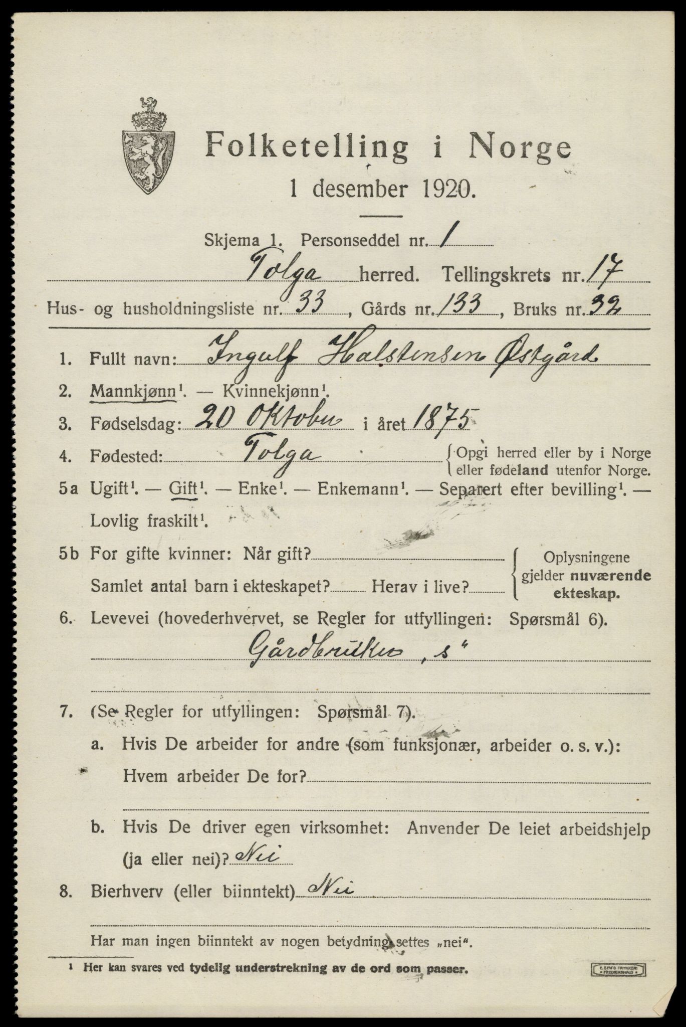 SAH, 1920 census for Tolga, 1920, p. 8151