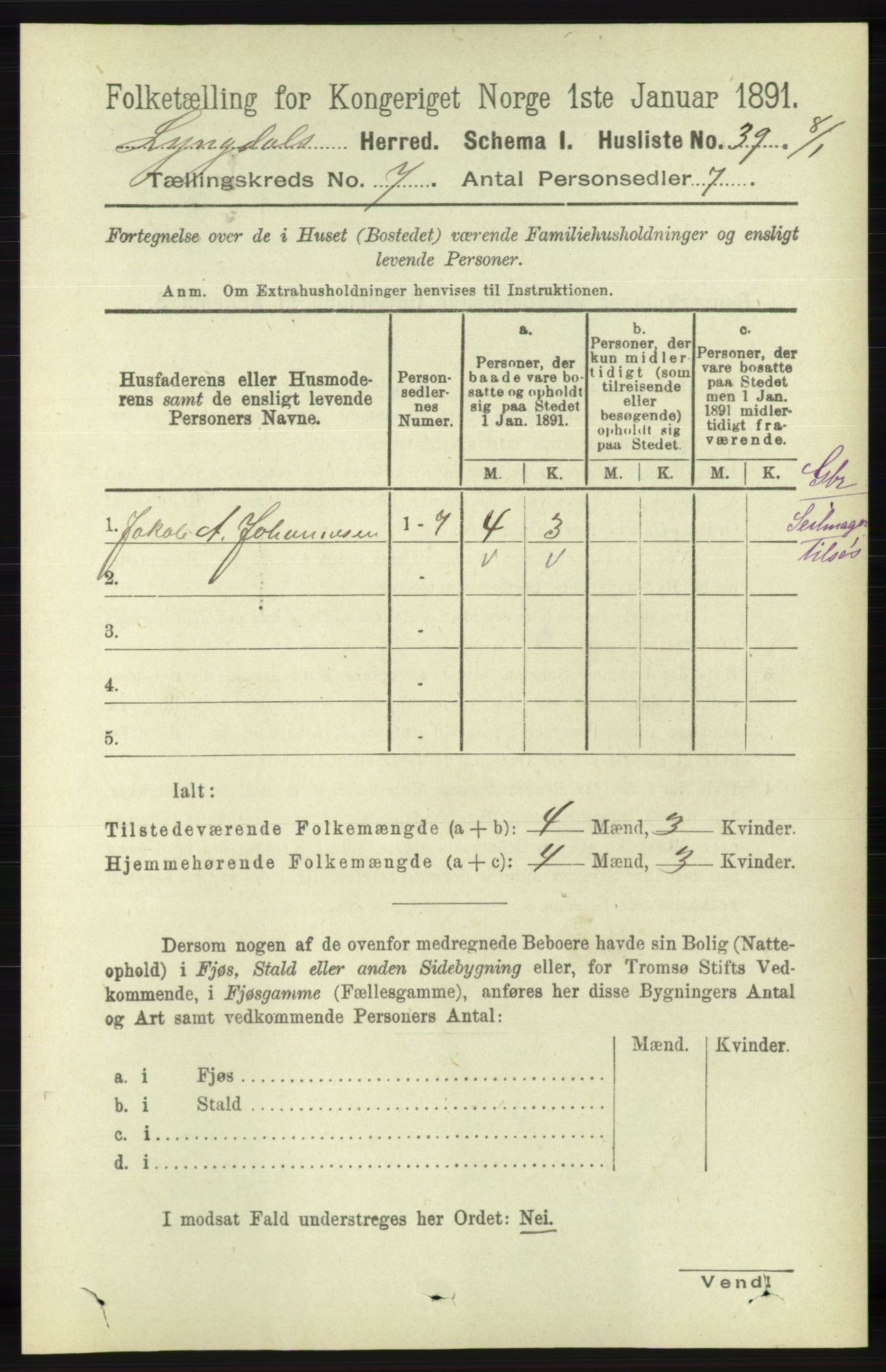 RA, 1891 census for 1032 Lyngdal, 1891, p. 2890
