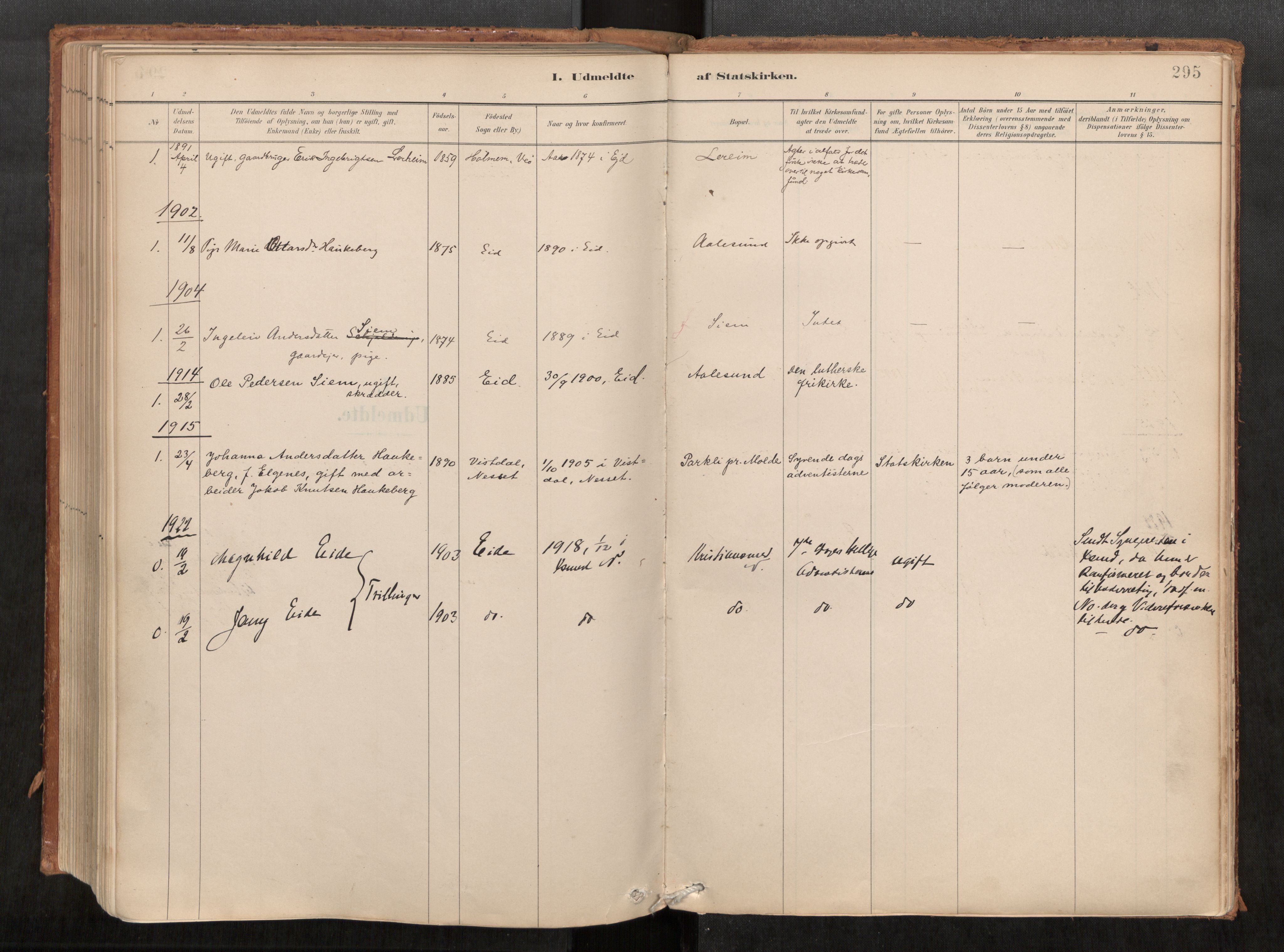 Ministerialprotokoller, klokkerbøker og fødselsregistre - Møre og Romsdal, AV/SAT-A-1454/542/L0553: Parish register (official) no. 542A03, 1885-1925, p. 295