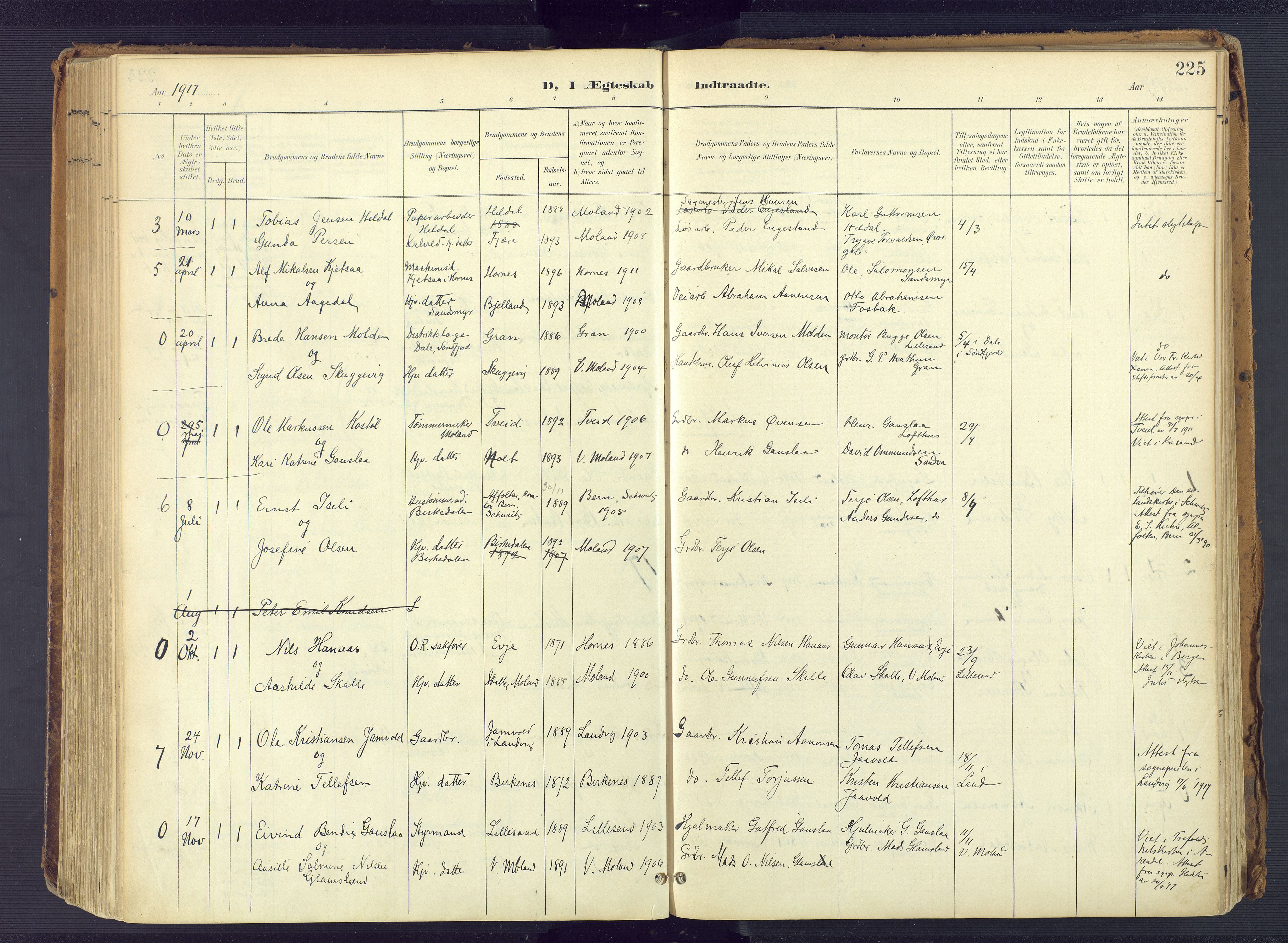 Vestre Moland sokneprestkontor, SAK/1111-0046/F/Fa/Fab/L0010: Parish register (official) no. A 10, 1900-1926, p. 225