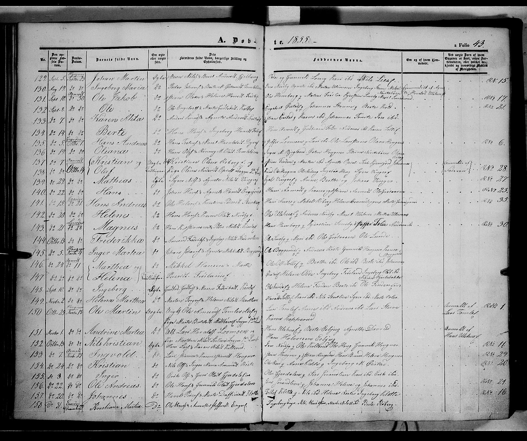 Land prestekontor, SAH/PREST-120/H/Ha/Haa/L0010: Parish register (official) no. 10, 1847-1859, p. 43