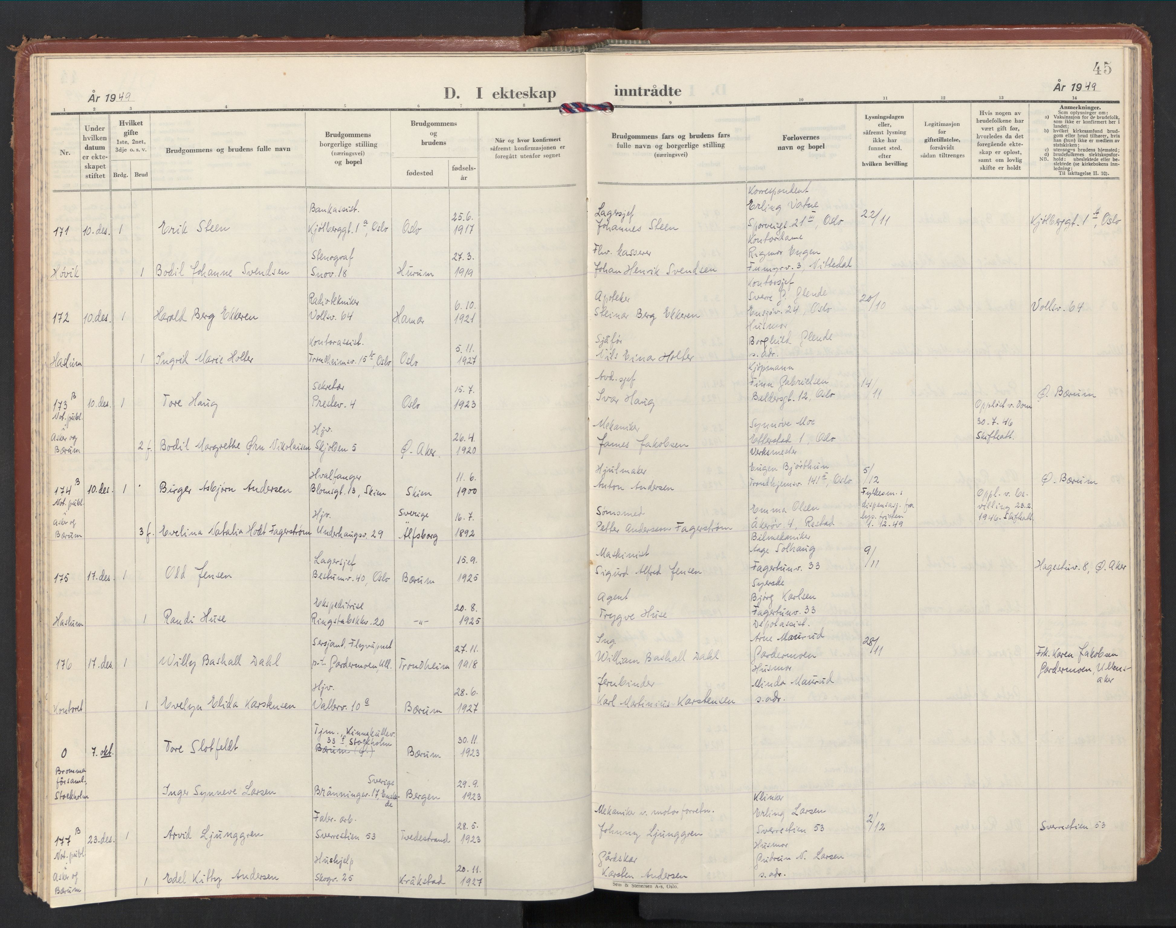 Østre Bærum prestekontor Kirkebøker, AV/SAO-A-10887/F/Fa/L0011: Parish register (official) no. 11, 1948-1956, p. 45