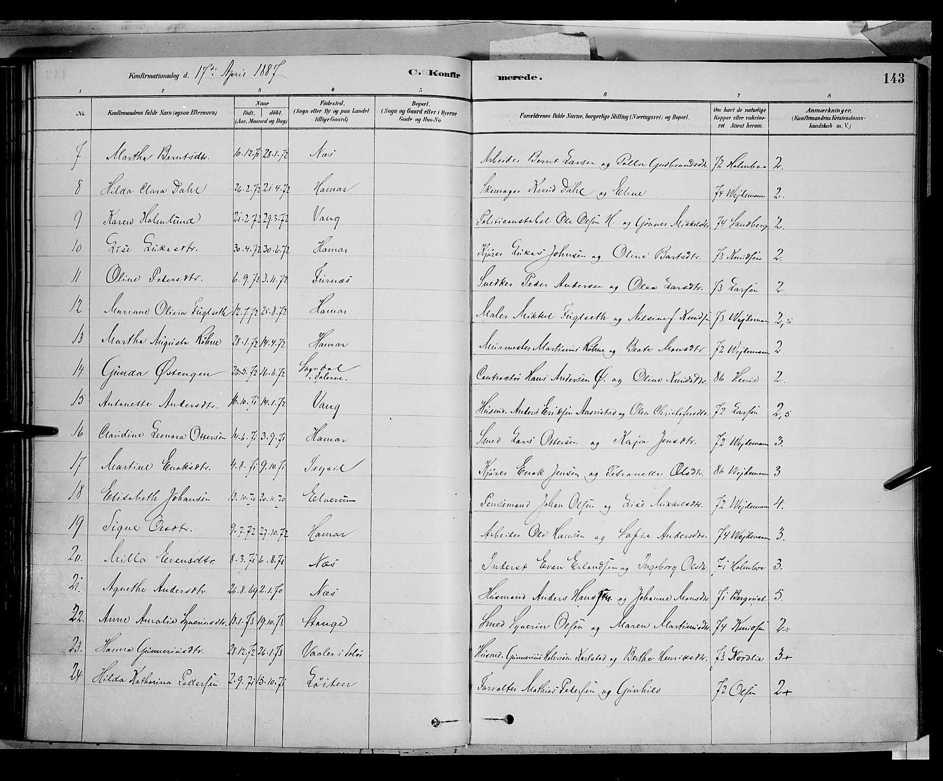 Vang prestekontor, Hedmark, AV/SAH-PREST-008/H/Ha/Haa/L0016: Parish register (official) no. 16, 1878-1889, p. 143