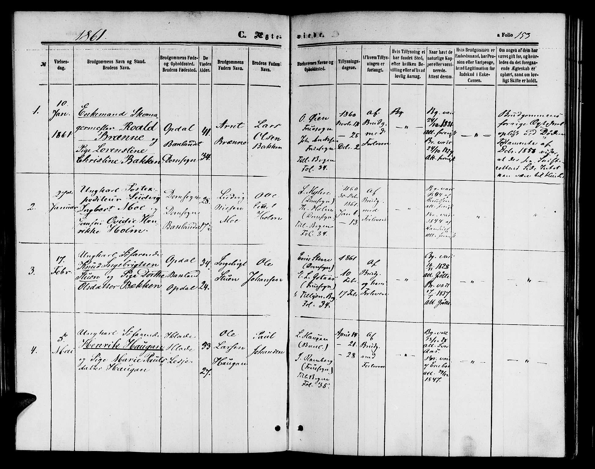 Ministerialprotokoller, klokkerbøker og fødselsregistre - Sør-Trøndelag, AV/SAT-A-1456/604/L0185: Parish register (official) no. 604A06, 1861-1865, p. 153