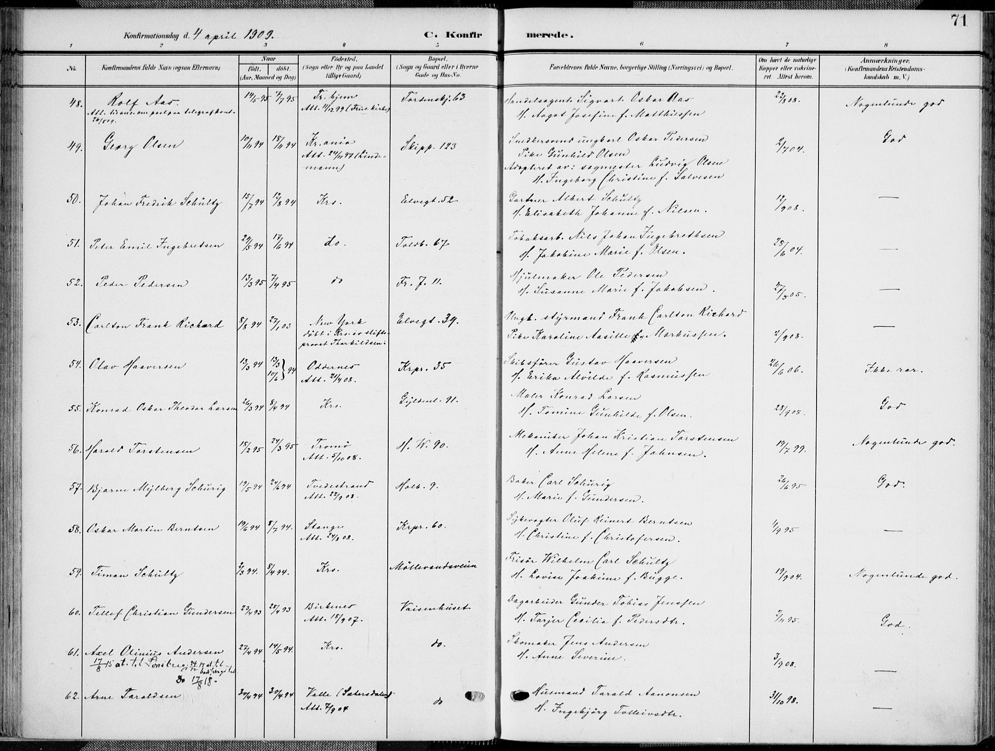 Kristiansand domprosti, AV/SAK-1112-0006/F/Fa/L0022: Parish register (official) no. A 21, 1905-1916, p. 71