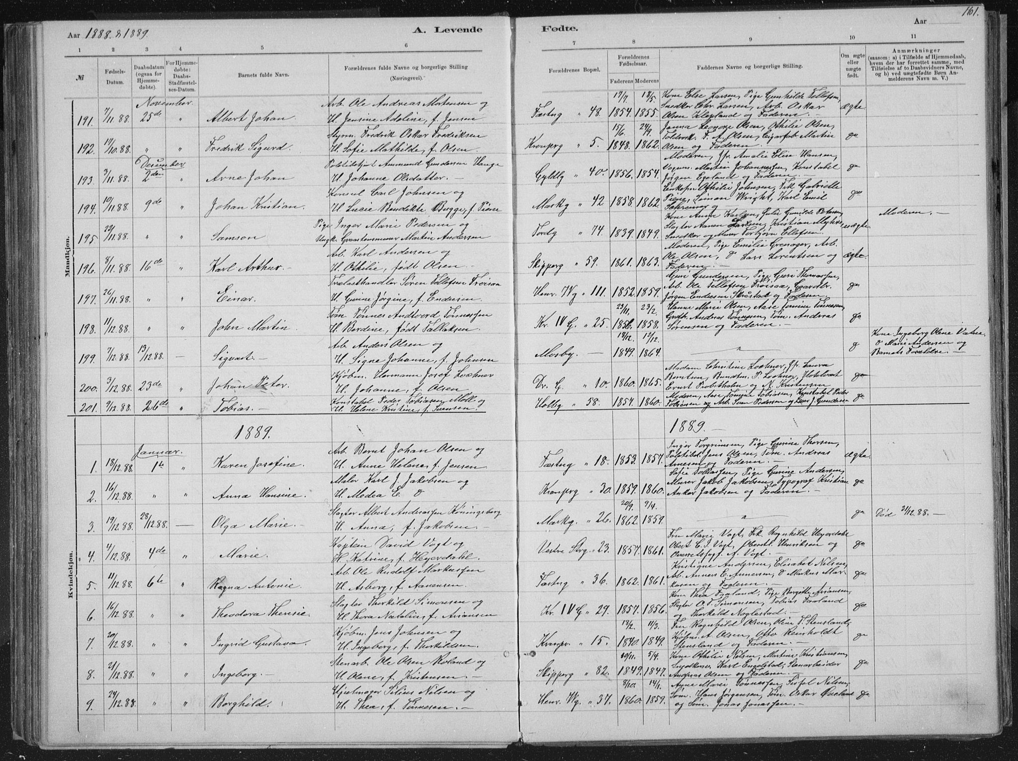 Kristiansand domprosti, SAK/1112-0006/F/Fb/L0014: Parish register (copy) no. B 14, 1881-1896, p. 161