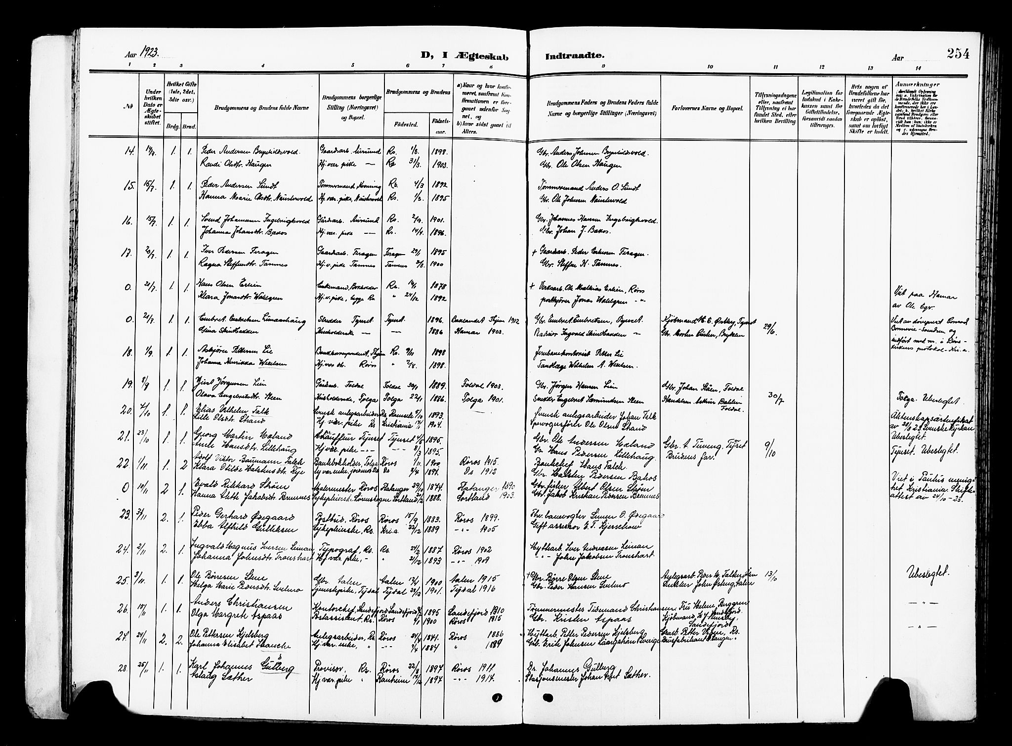 Ministerialprotokoller, klokkerbøker og fødselsregistre - Sør-Trøndelag, SAT/A-1456/681/L0942: Parish register (copy) no. 681C06, 1906-1925, p. 254