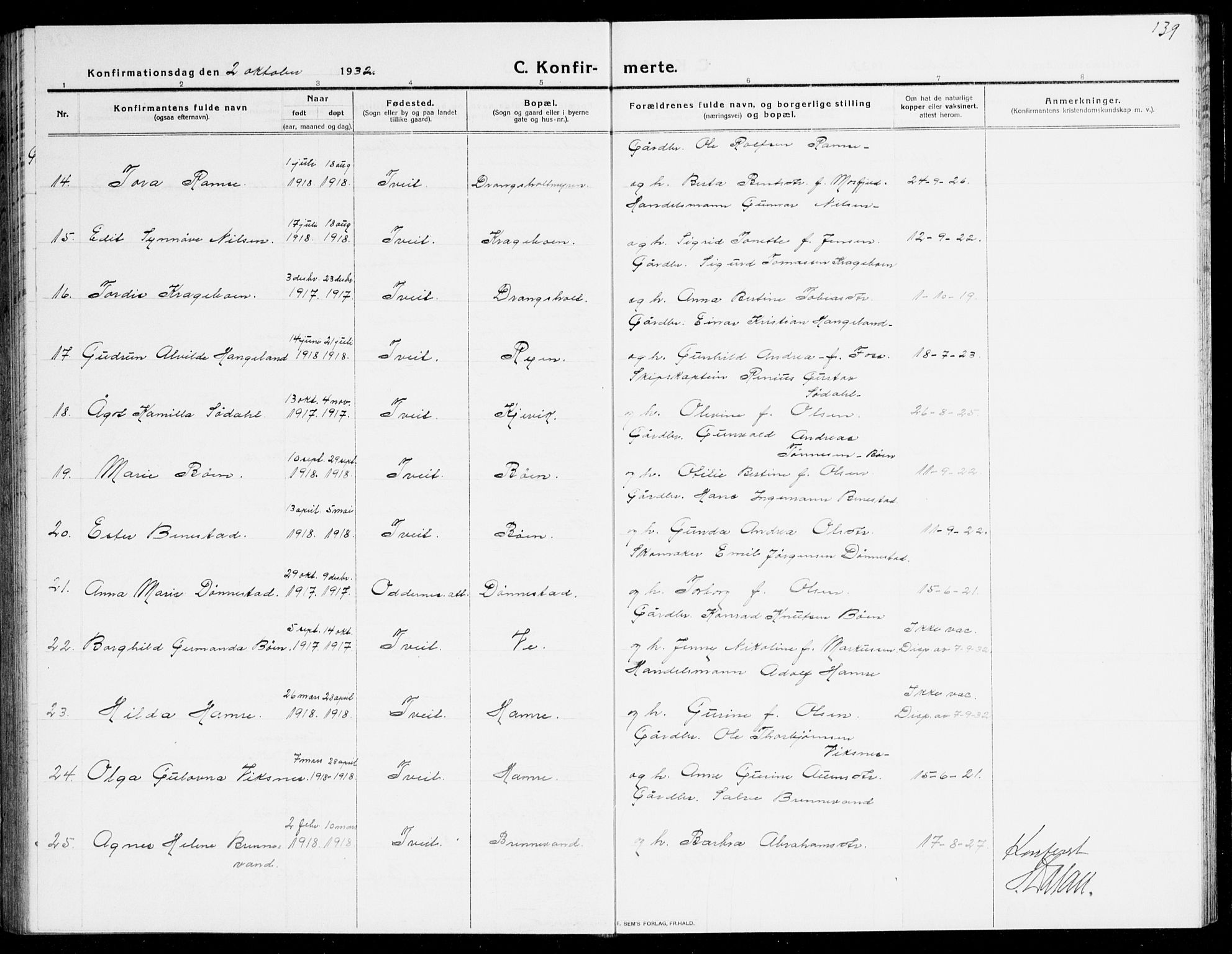 Tveit sokneprestkontor, AV/SAK-1111-0043/F/Fb/L0005: Parish register (copy) no. B 5, 1915-1941, p. 139