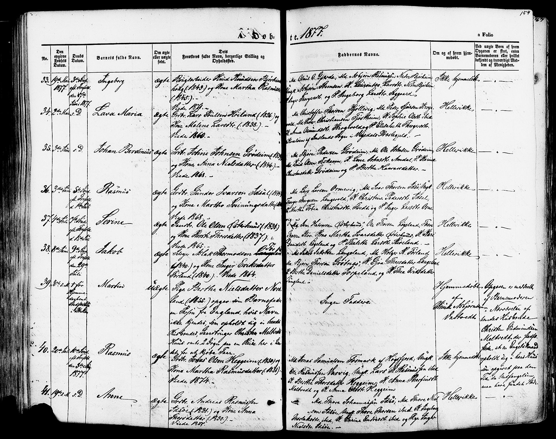 Strand sokneprestkontor, AV/SAST-A-101828/H/Ha/Haa/L0007: Parish register (official) no. A 7, 1855-1881, p. 154