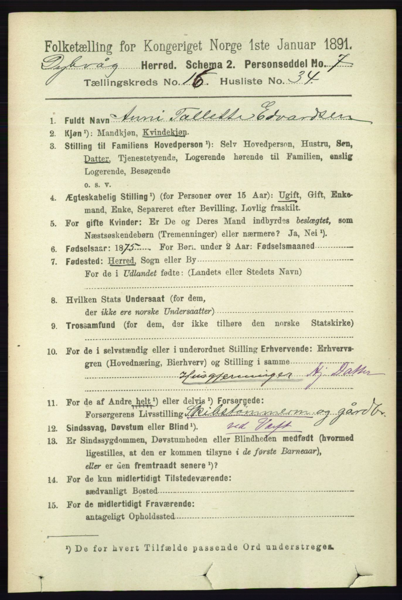 RA, 1891 census for 0915 Dypvåg, 1891, p. 6614