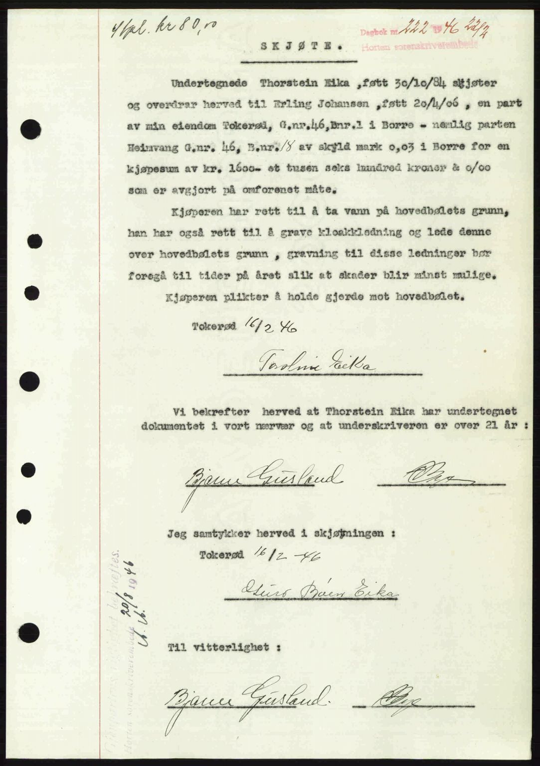 Horten sorenskriveri, AV/SAKO-A-133/G/Ga/Gaa/L0007b: Mortgage book no. A-7b, 1946-1946, Diary no: : 222/1946