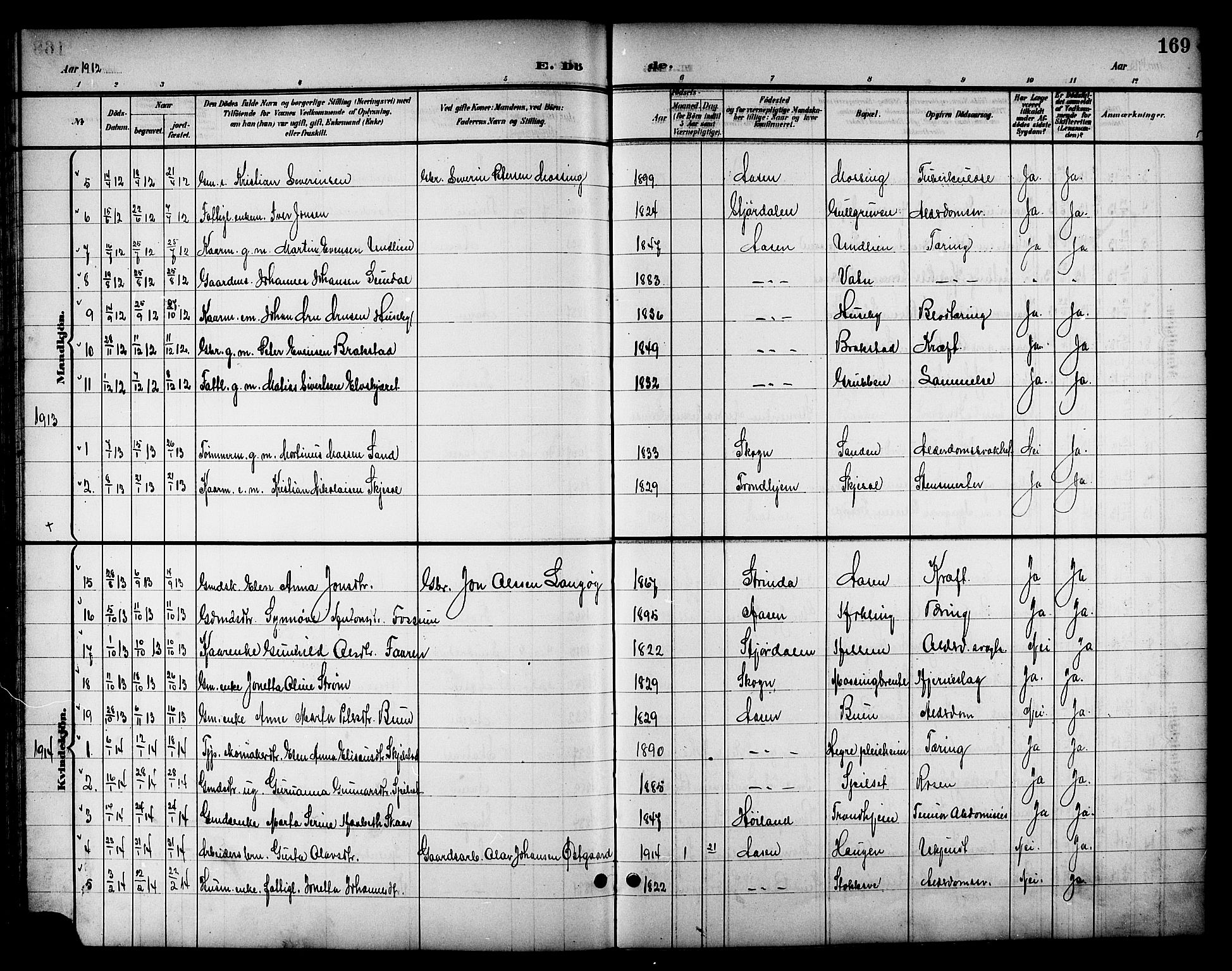 Ministerialprotokoller, klokkerbøker og fødselsregistre - Nord-Trøndelag, SAT/A-1458/714/L0135: Parish register (copy) no. 714C04, 1899-1918, p. 169