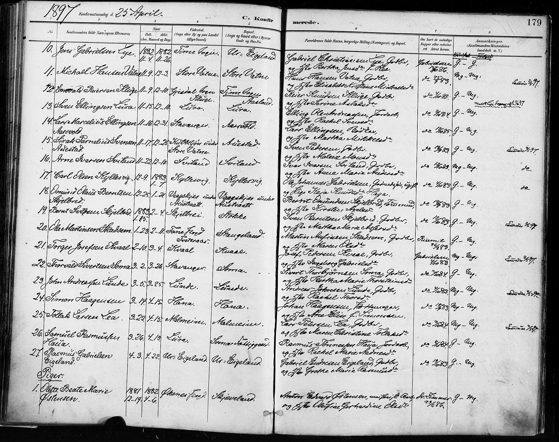 Høyland sokneprestkontor, SAST/A-101799/001/30BA/L0013: Parish register (official) no. A 13.1, 1889-1898, p. 179