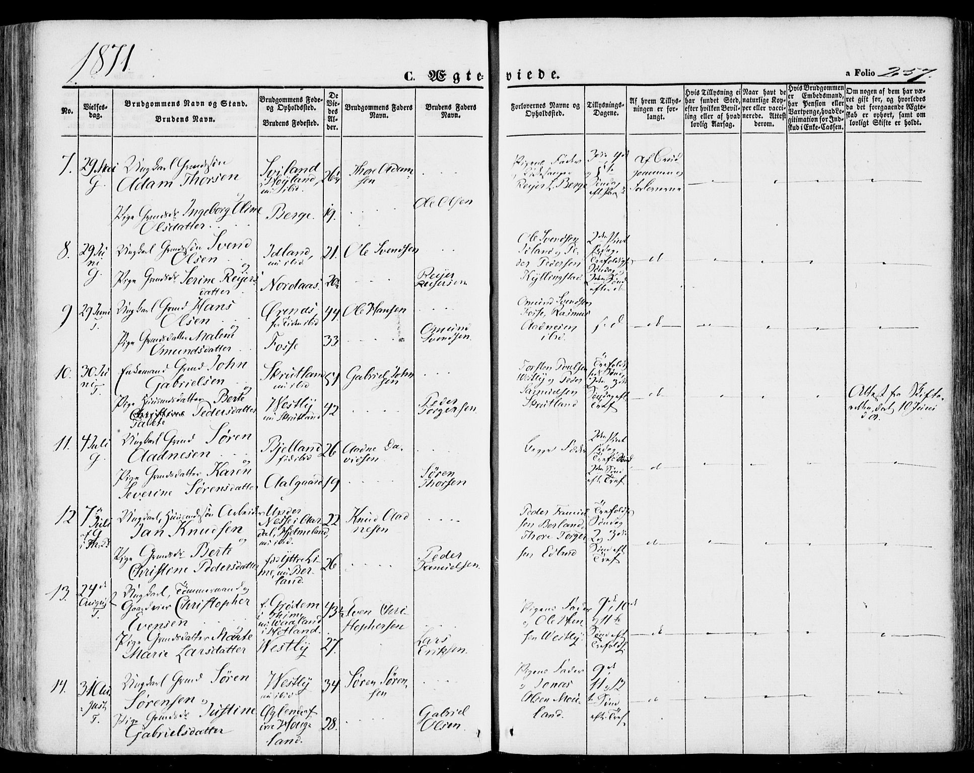 Lye sokneprestkontor, SAST/A-101794/001/30BA/L0007: Parish register (official) no. A 6, 1856-1871, p. 257