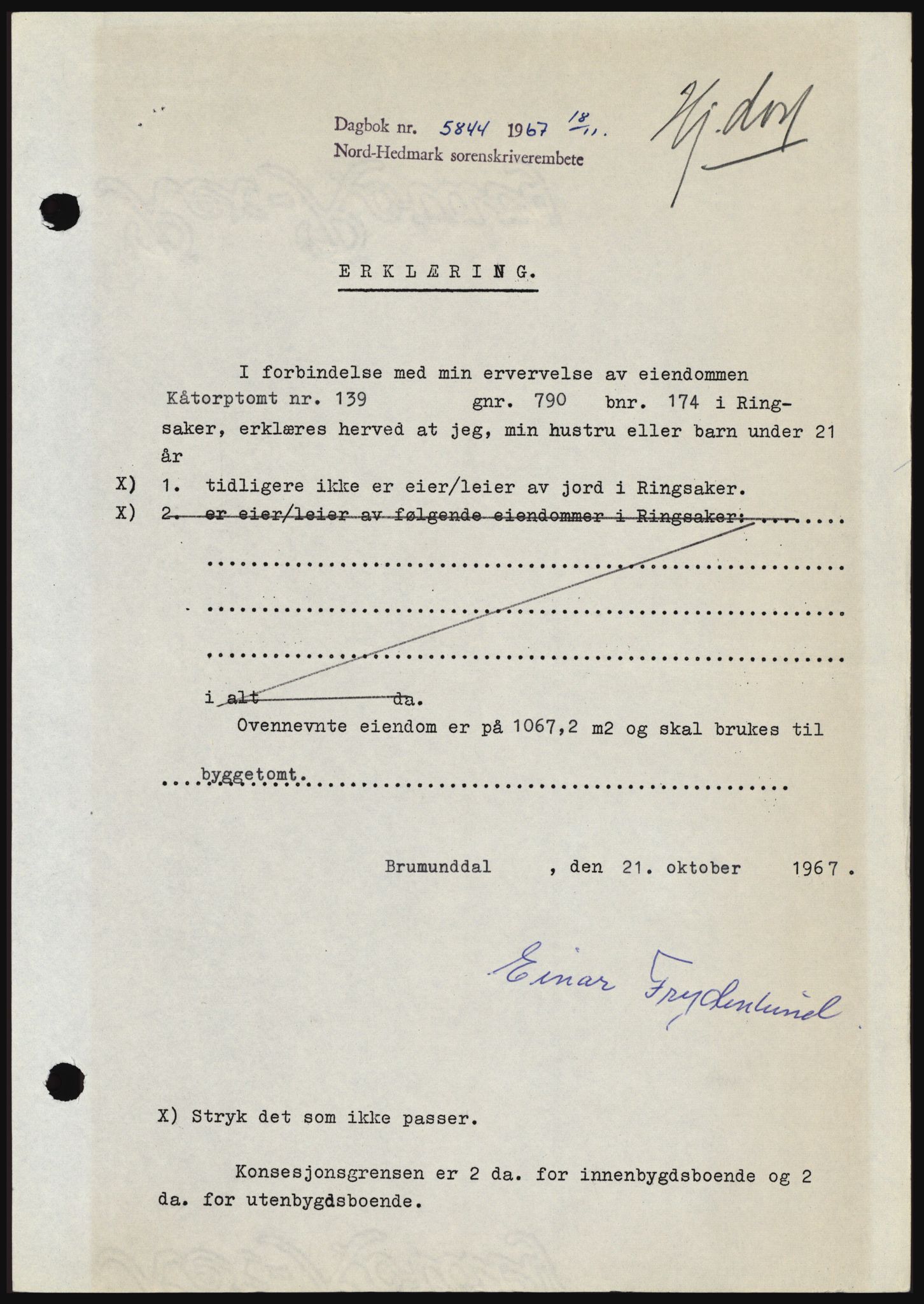 Nord-Hedmark sorenskriveri, SAH/TING-012/H/Hc/L0027: Mortgage book no. 27, 1967-1968, Diary no: : 5844/1967