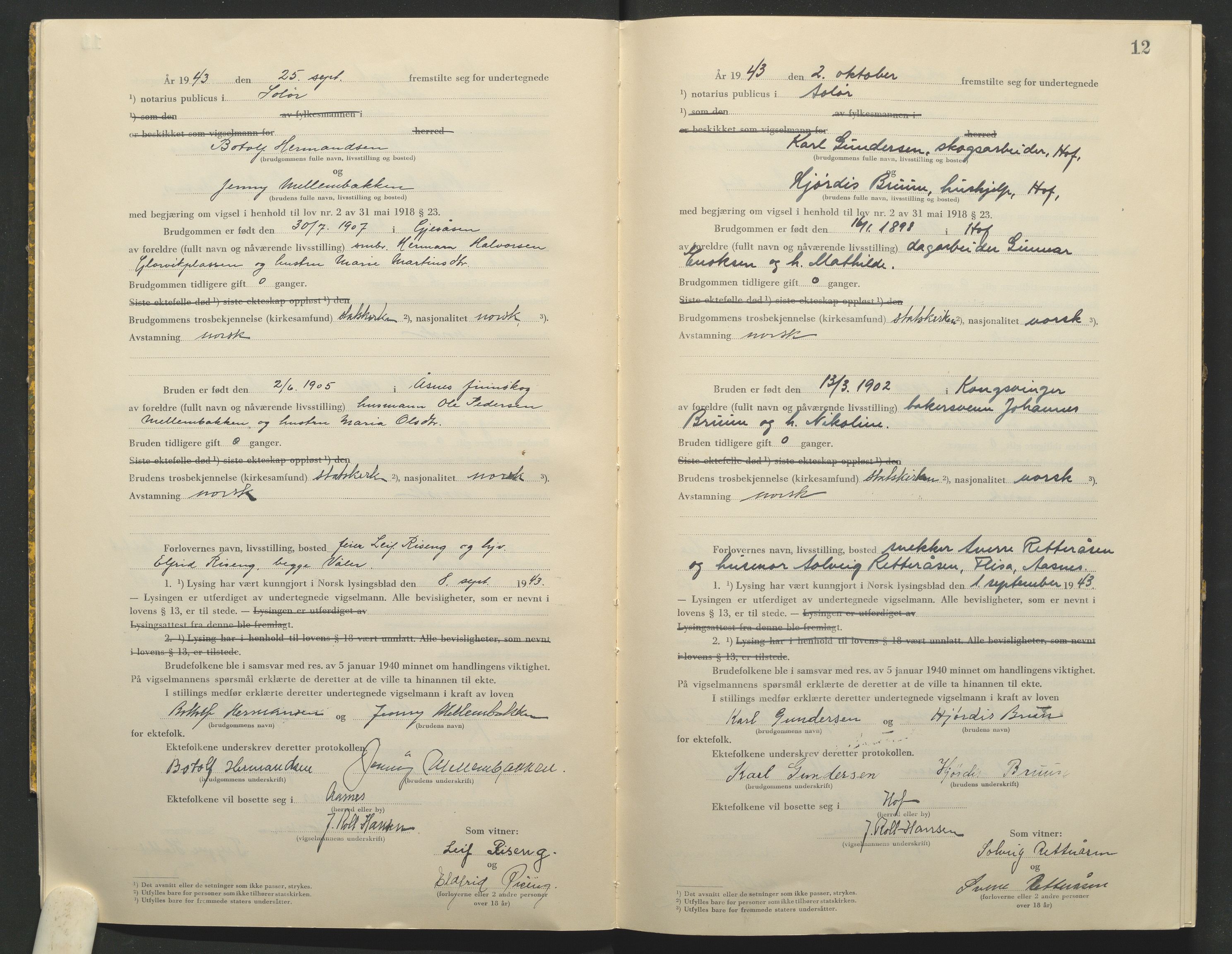 Solør tingrett, AV/SAH-TING-008/L/Lb/L0002: Vigselprotokoll, 1943-1944, p. 12