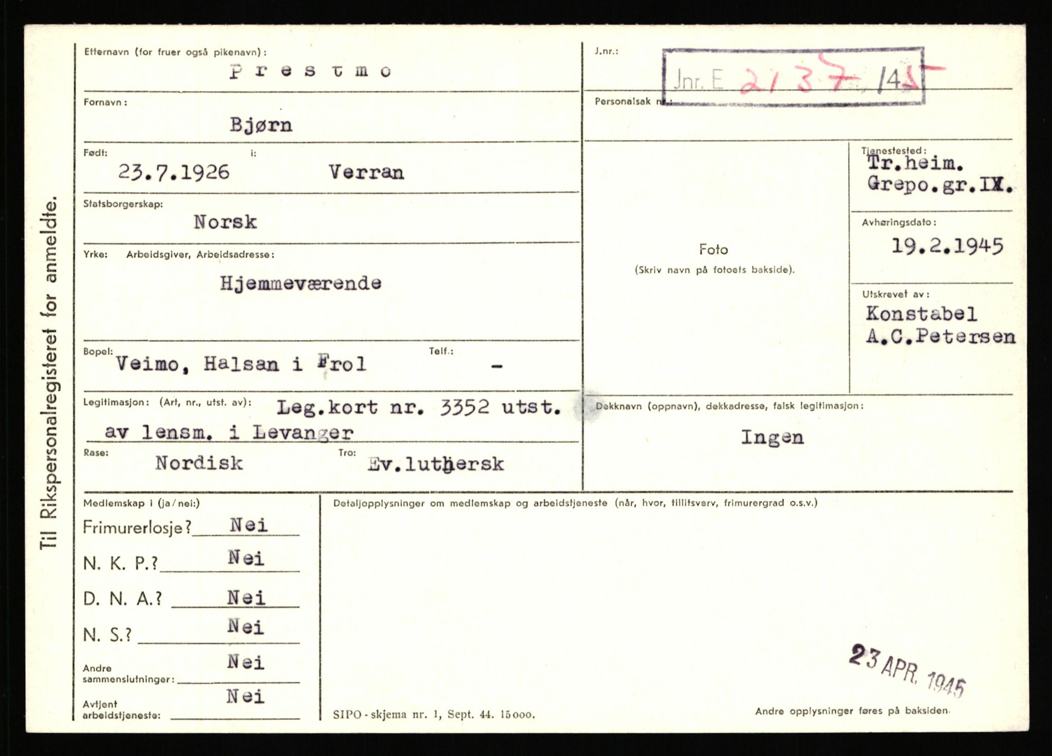 Statspolitiet - Hovedkontoret / Osloavdelingen, AV/RA-S-1329/C/Ca/L0012: Oanæs - Quistgaard	, 1943-1945, p. 4811