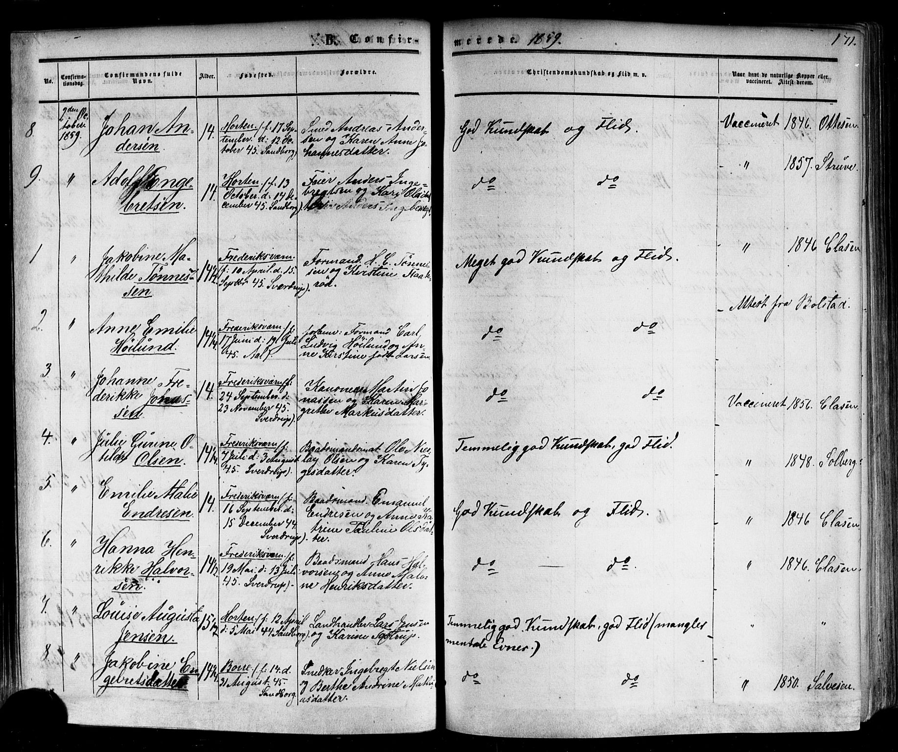 Horten kirkebøker, AV/SAKO-A-348/F/Fa/L0001: Parish register (official) no. 1, 1855-1871, p. 171