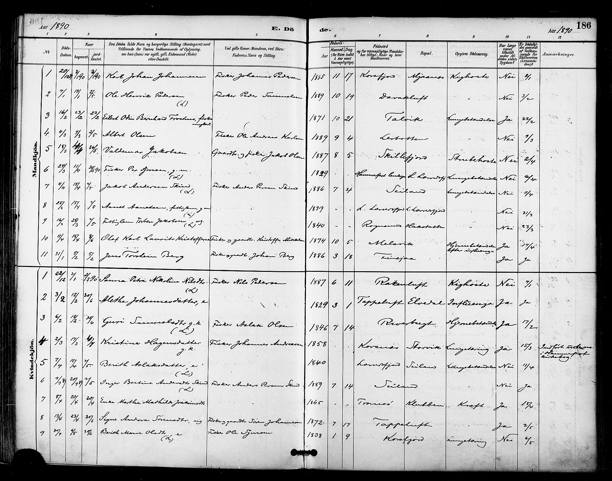 Talvik sokneprestkontor, AV/SATØ-S-1337/H/Ha/L0013kirke: Parish register (official) no. 13, 1886-1897, p. 186