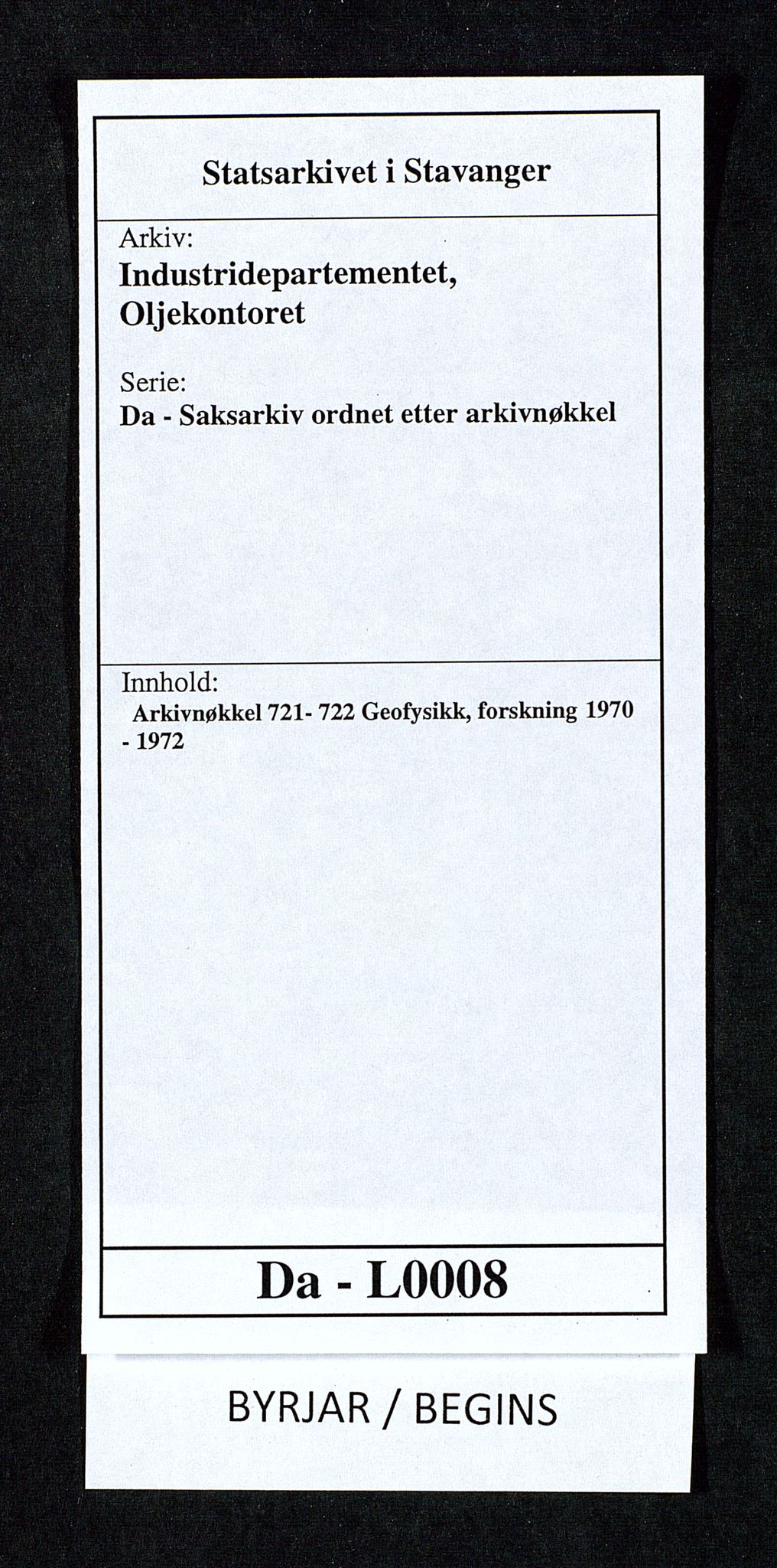 Industridepartementet, Oljekontoret, SAST/A-101348/Da/L0008:  Arkivnøkkel 721- 722 Geofysikk, forskning, 1970-1972, p. 1
