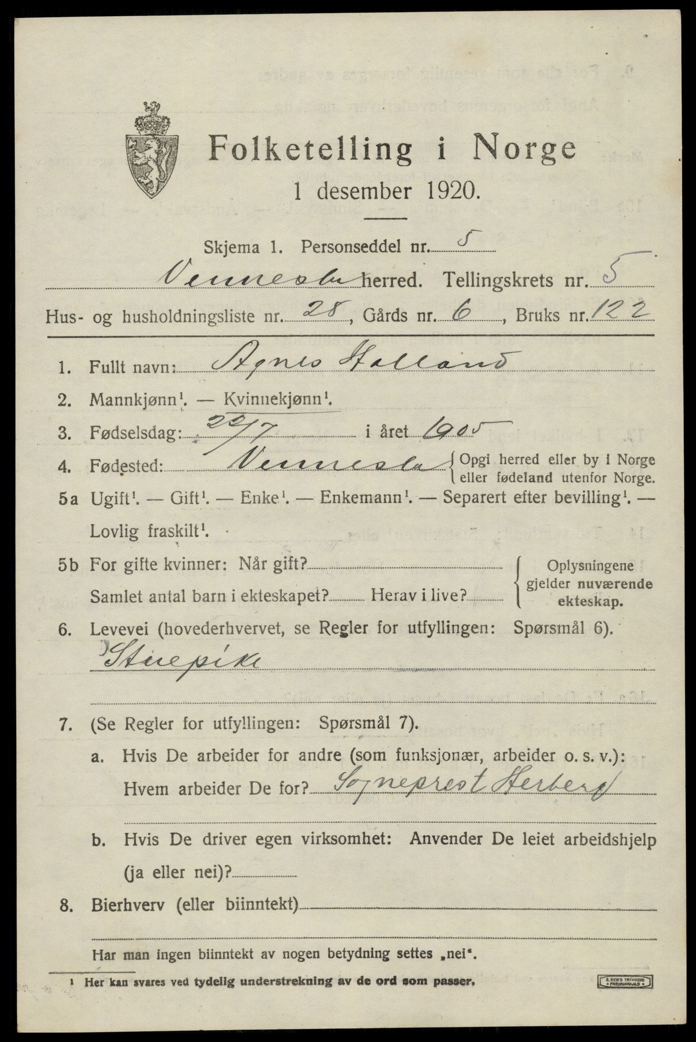 SAK, 1920 census for Vennesla, 1920, p. 3700