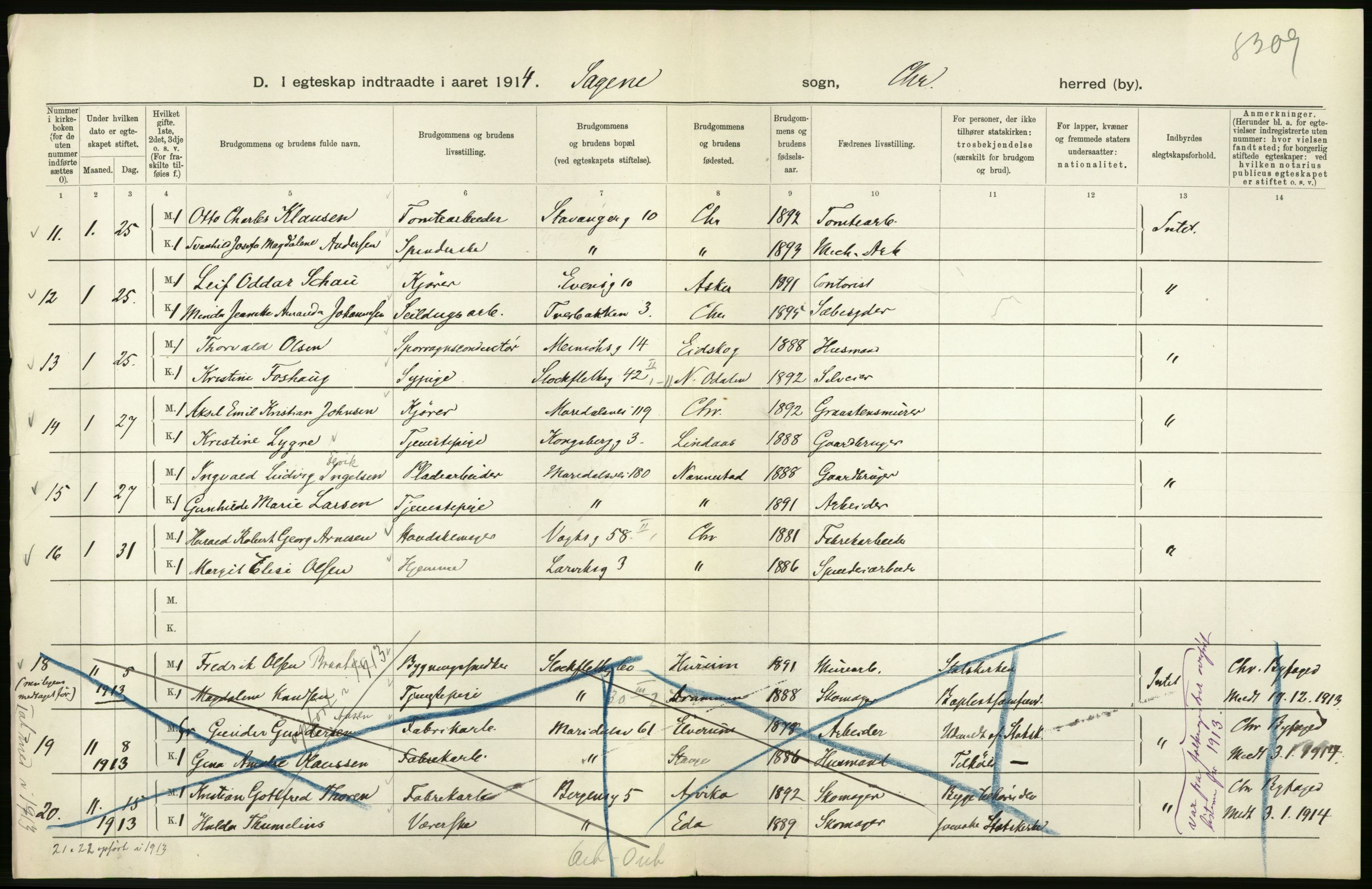 Statistisk sentralbyrå, Sosiodemografiske emner, Befolkning, AV/RA-S-2228/D/Df/Dfb/Dfbd/L0007: Kristiania: Gifte, 1914, p. 162