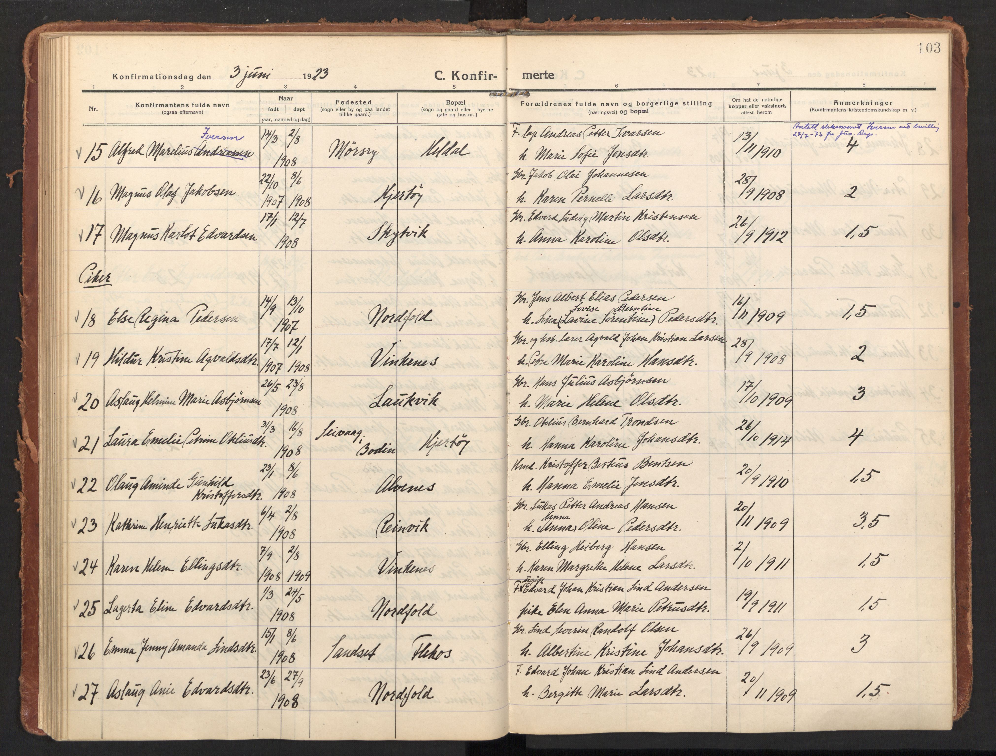 Ministerialprotokoller, klokkerbøker og fødselsregistre - Nordland, AV/SAT-A-1459/858/L0833: Parish register (official) no. 858A03, 1916-1934, p. 103