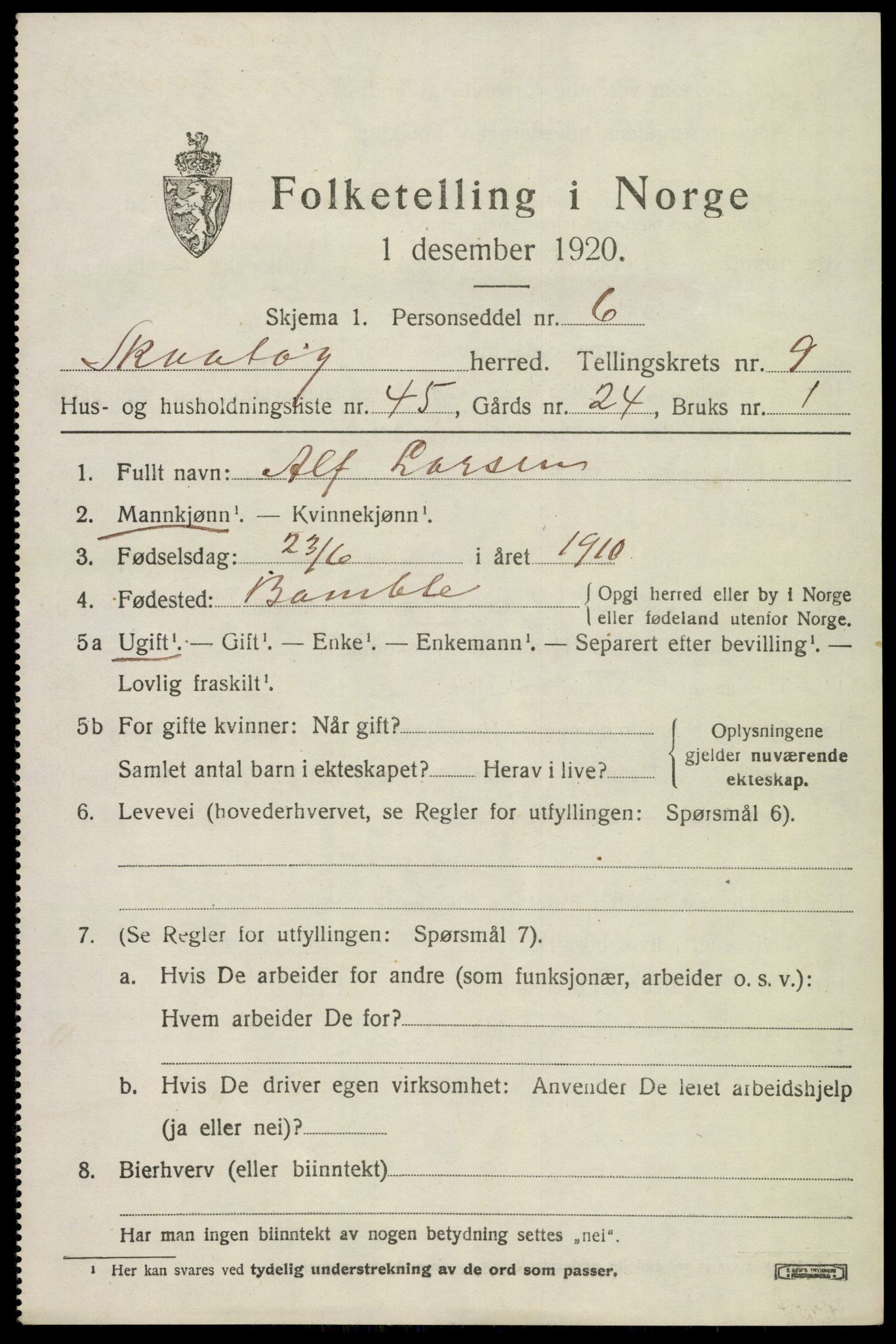 SAKO, 1920 census for Skåtøy, 1920, p. 7104