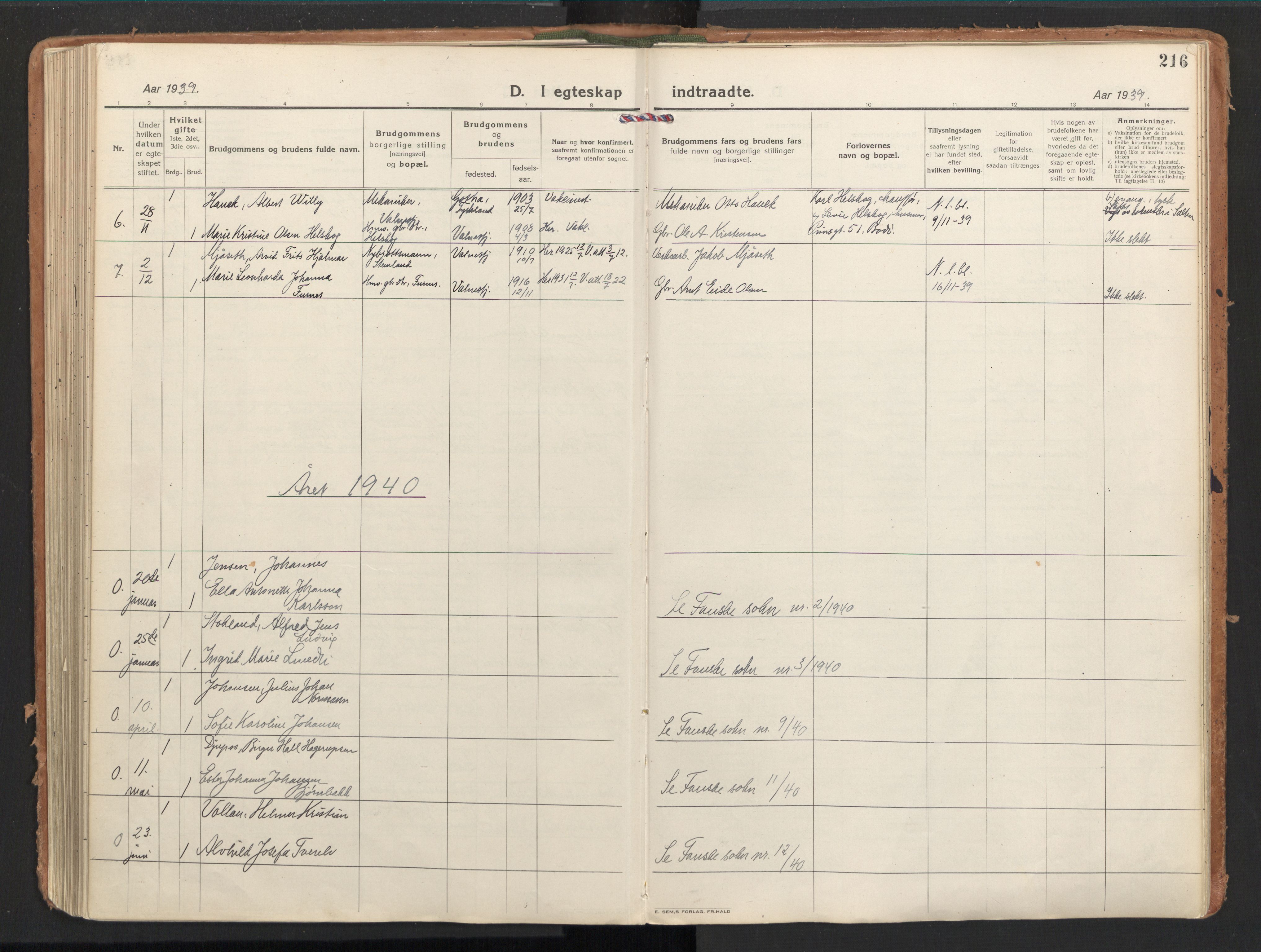 Ministerialprotokoller, klokkerbøker og fødselsregistre - Nordland, SAT/A-1459/851/L0725: Parish register (official) no. 851A02, 1922-1944, p. 216