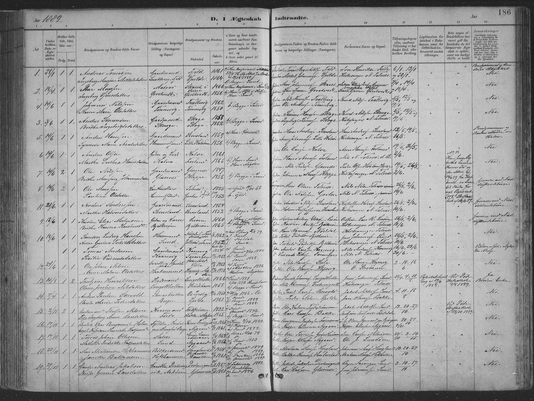 Sund sokneprestembete, AV/SAB-A-99930: Parish register (copy) no. B 3, 1882-1911, p. 186