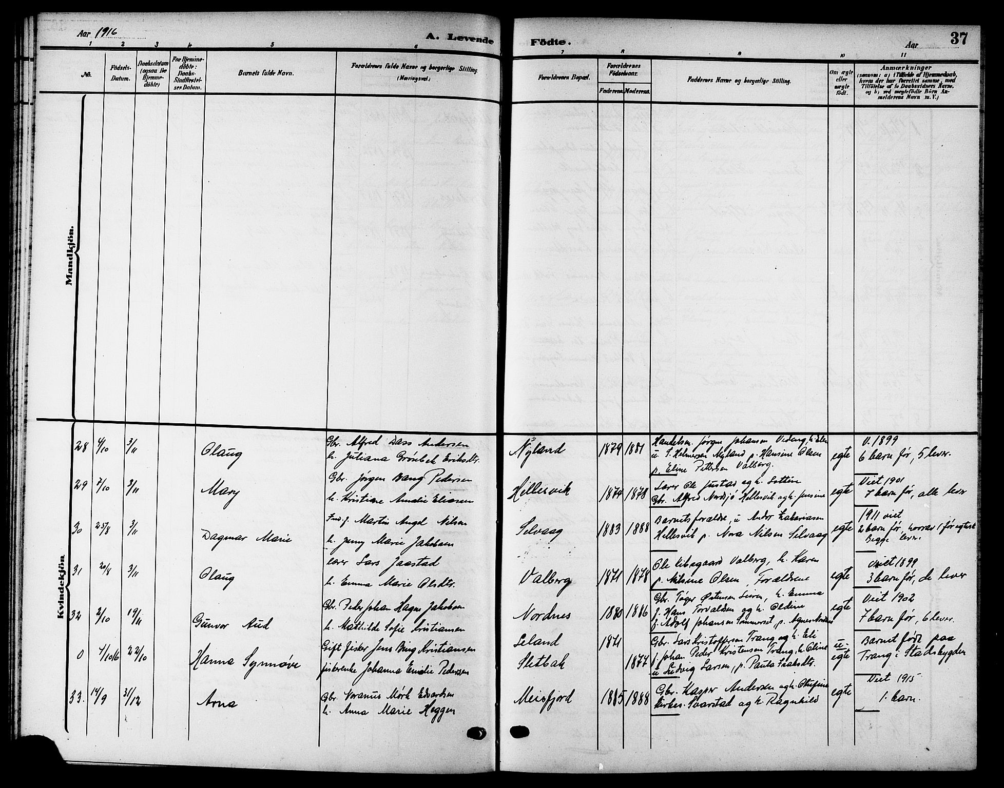 Ministerialprotokoller, klokkerbøker og fødselsregistre - Nordland, AV/SAT-A-1459/832/L0494: Parish register (copy) no. 832C01, 1906-1922, p. 37