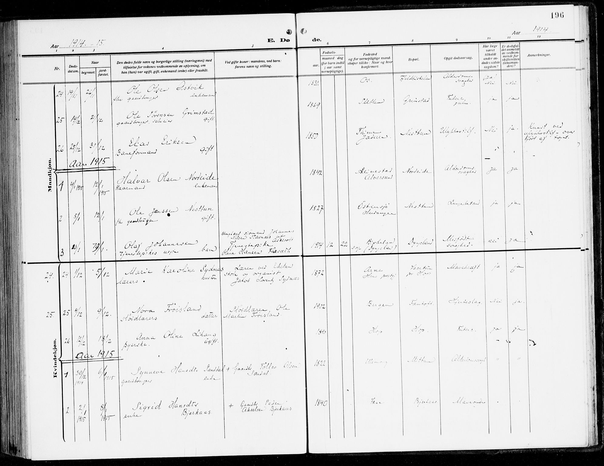 Fana Sokneprestembete, AV/SAB-A-75101/H/Haa/Haai/L0004: Parish register (official) no. I 4, 1912-1933, p. 196