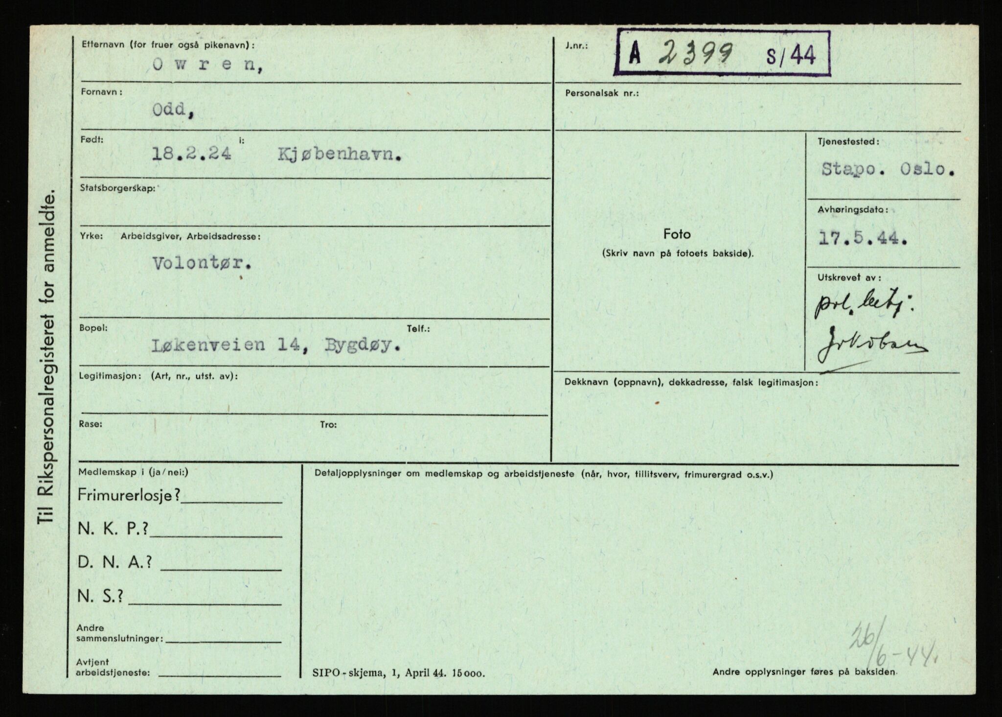 Statspolitiet - Hovedkontoret / Osloavdelingen, AV/RA-S-1329/C/Ca/L0012: Oanæs - Quistgaard	, 1943-1945, p. 2856