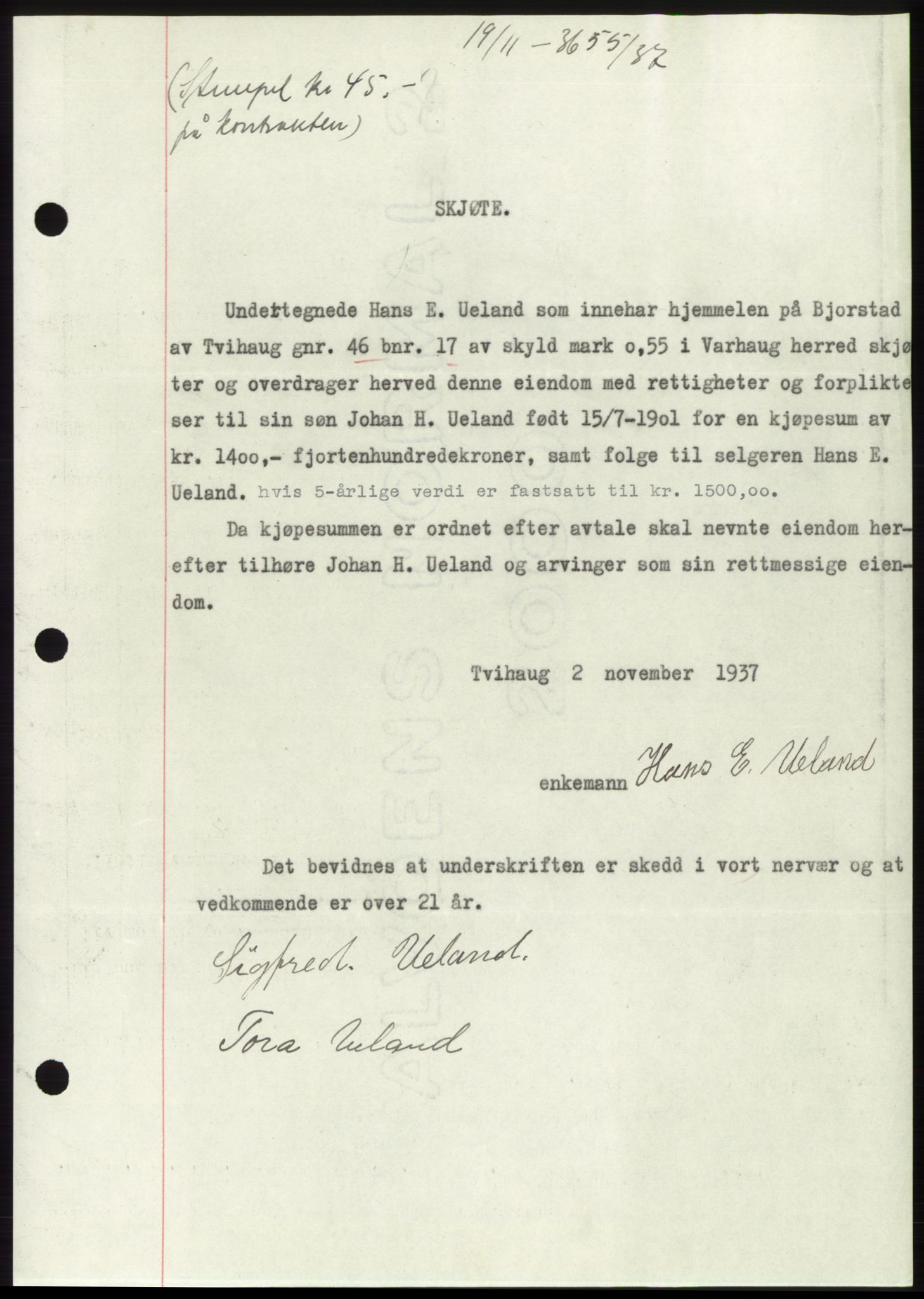 Jæren sorenskriveri, SAST/A-100310/03/G/Gba/L0069: Mortgage book, 1937-1937, Diary no: : 3655/1937