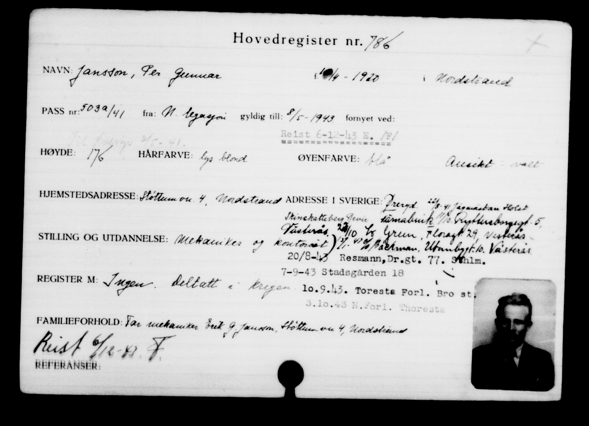 Utenriksstasjonene, Legasjonen i Stockholm, Flyktningkontoret, AV/RA-S-6753/V/Va/L0001: Kjesäterkartoteket, flyktninger med registreringsnr. 1-1000, 1940-1945, p. 1243