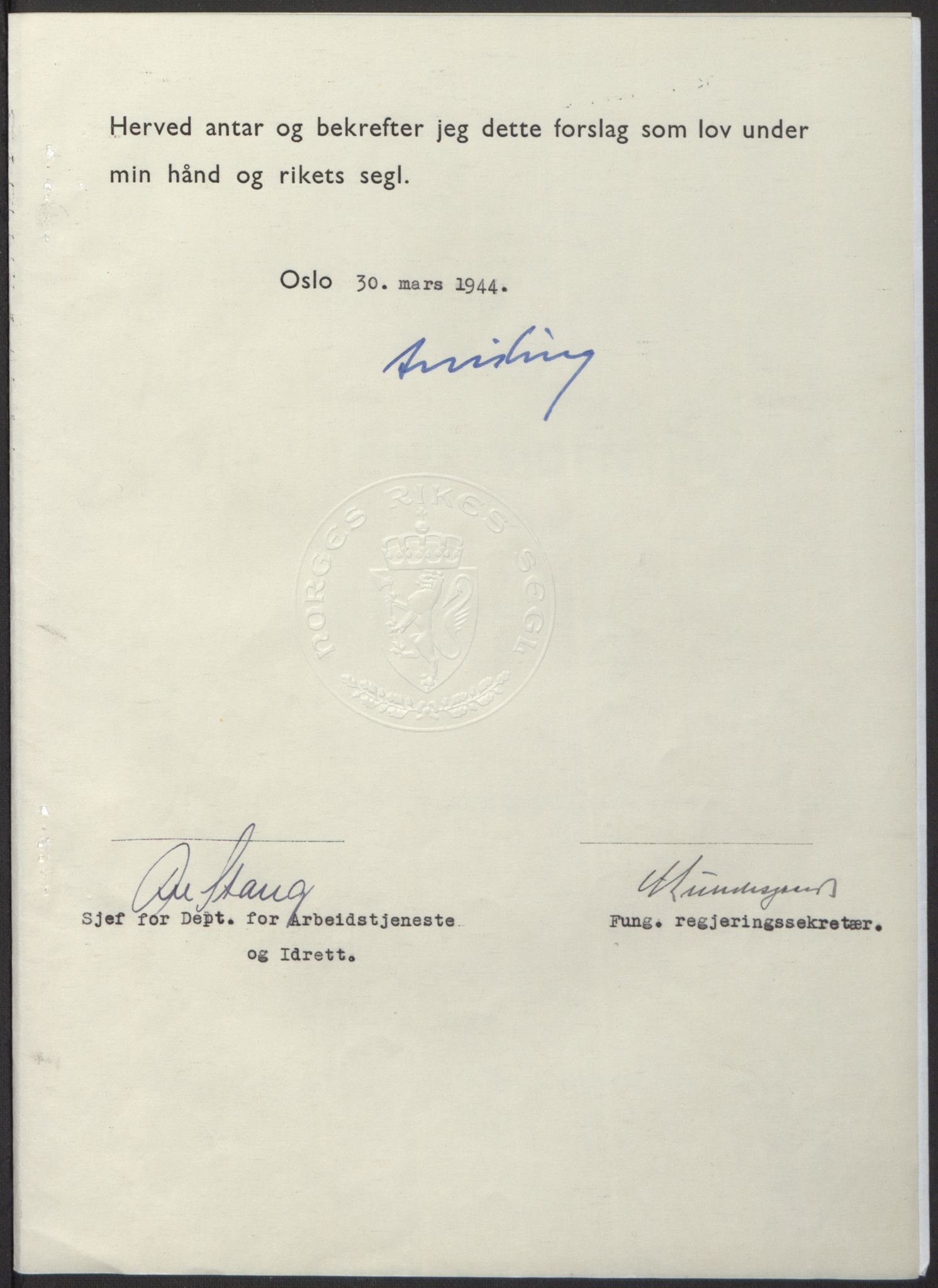 NS-administrasjonen 1940-1945 (Statsrådsekretariatet, de kommisariske statsråder mm), AV/RA-S-4279/D/Db/L0100: Lover, 1944, p. 172