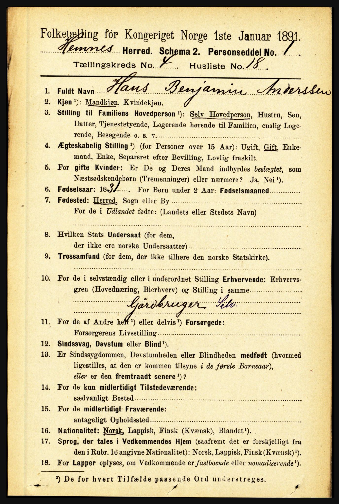 RA, 1891 census for 1832 Hemnes, 1891, p. 2361