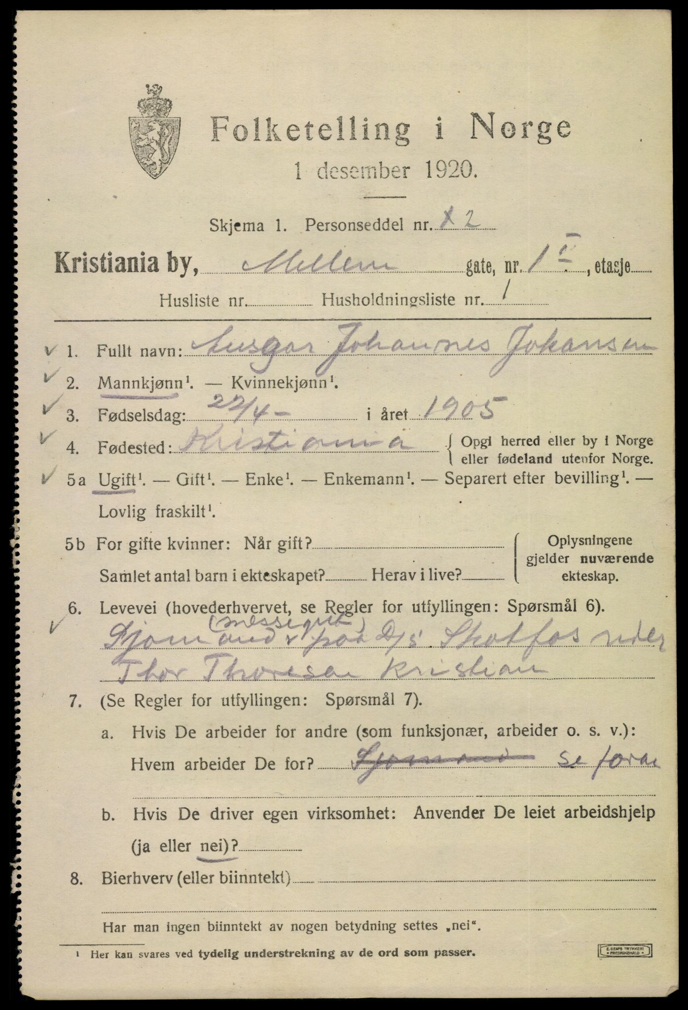 SAO, 1920 census for Kristiania, 1920, p. 394007