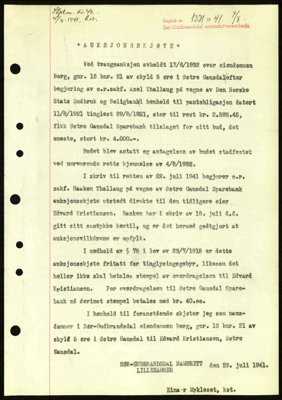 Sør-Gudbrandsdal tingrett, SAH/TING-004/H/Hb/Hbd/L0009: Mortgage book no. A9, 1941-1941, Diary no: : 1331/1941
